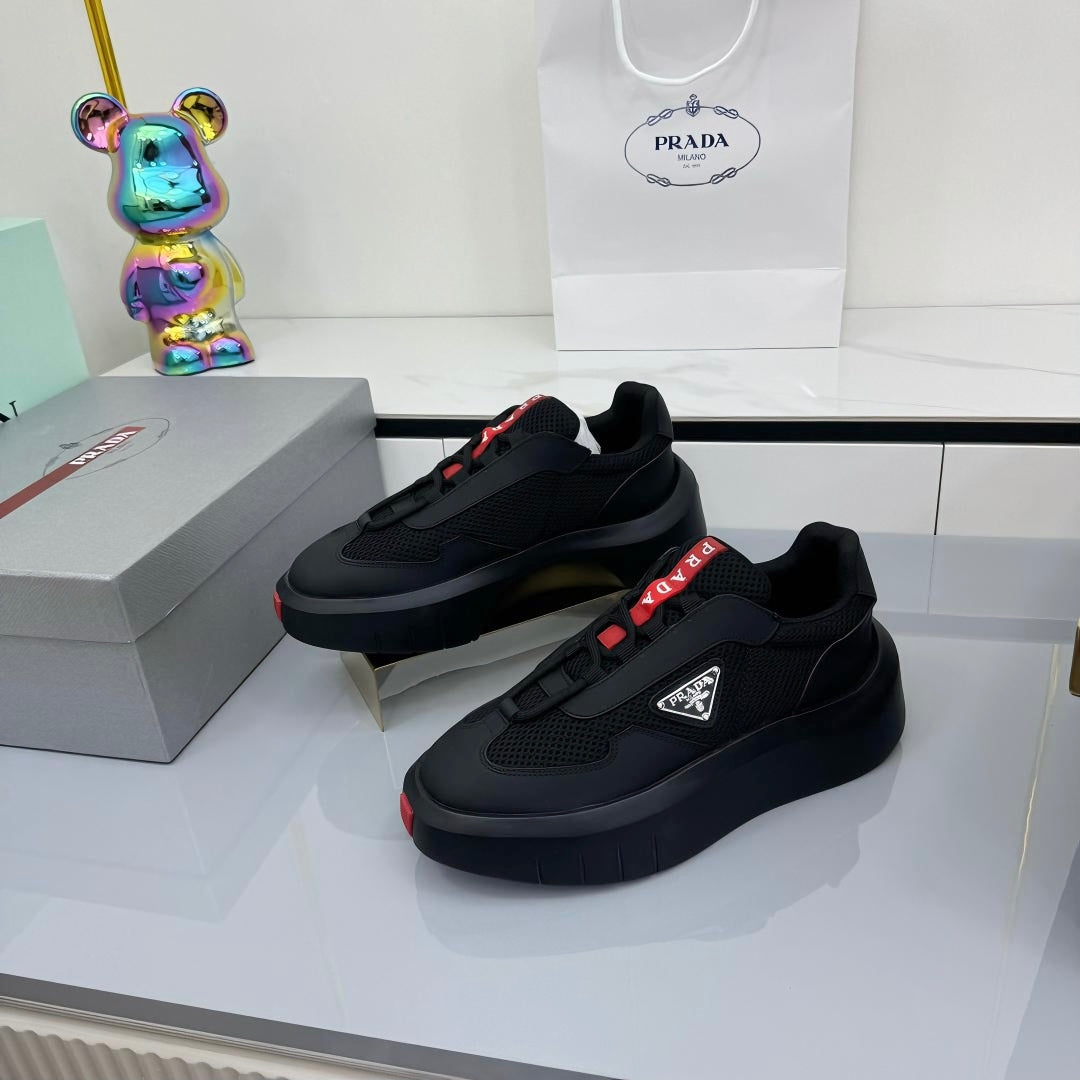 PRADA 25S CROSS LACED SNEAKERS IN BLACK CALFSKIN、mysite、Cacoeks