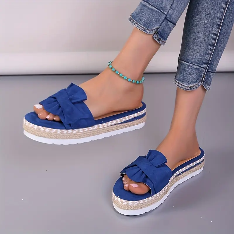 womens platform espadrilles slippers bow open toe solid color anti skid slippers casual beach slides details 5