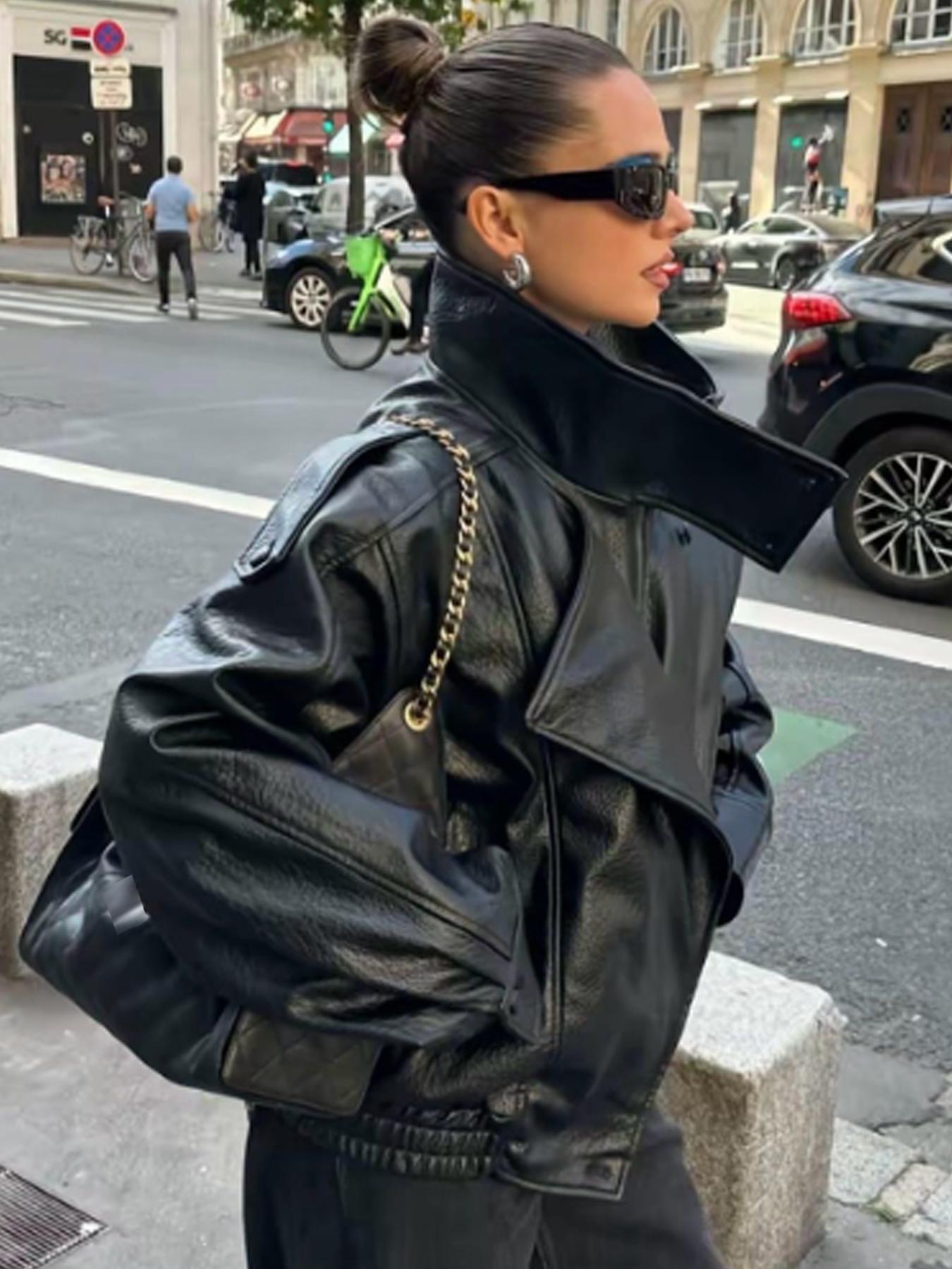 2026 Women's Black PU Leather Jacket, Oversize Asymmetrical Outerwear with Zipper, Long Sleeve Street Style Biker Jacket for Autumn