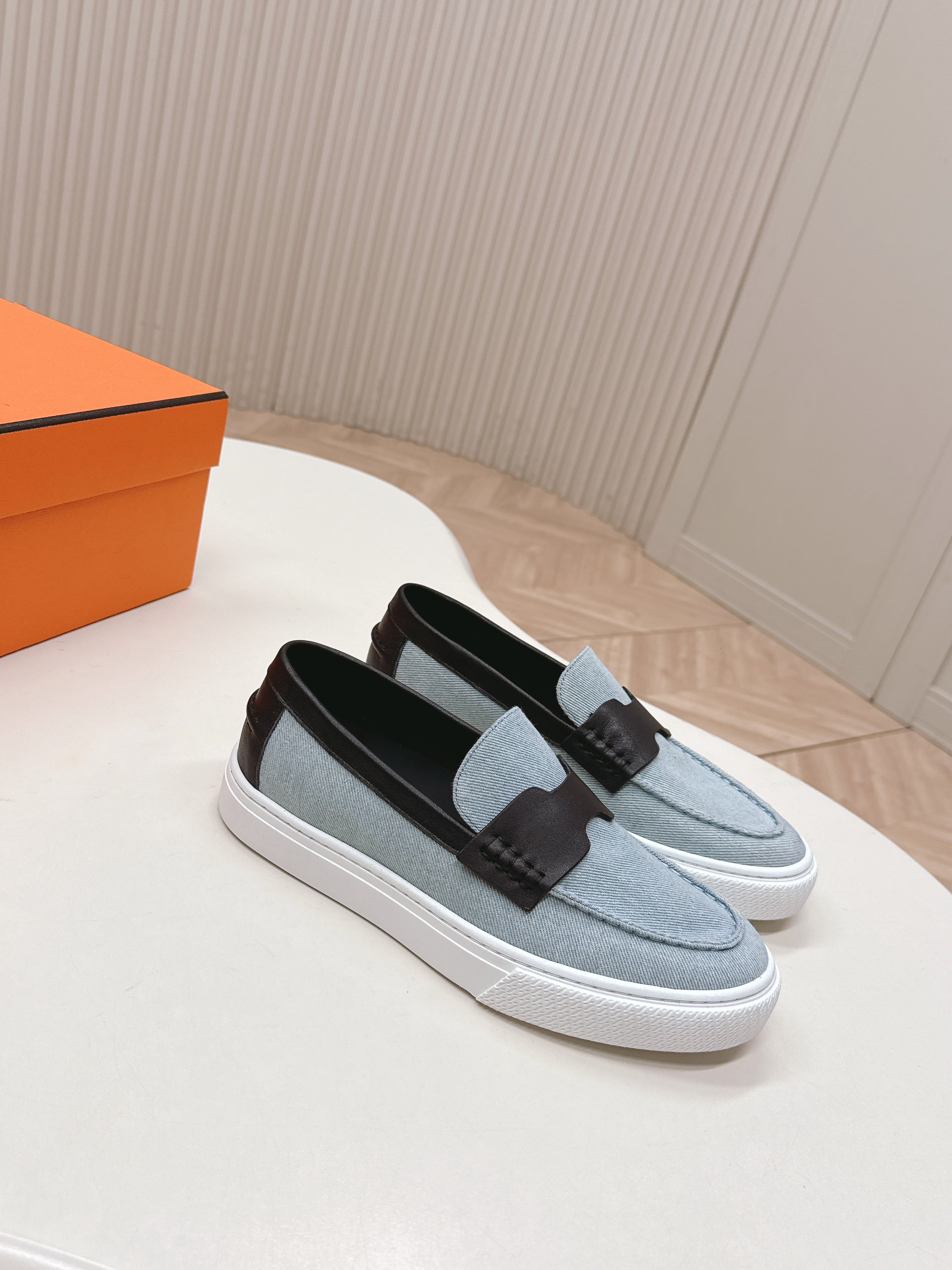 HM 25S SLIP-ON IN BLUE DENIM AND BLACK LAMBSKIN、mysite、Cacoeks