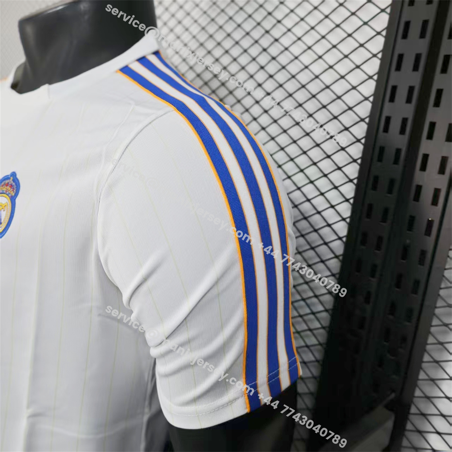 ManixJersey.com | Real Madrid 25-26 Trefoil Blue Lines White Travel Jersey - Player Version -Customize Name, Number and Patch | Worldwide Shipping