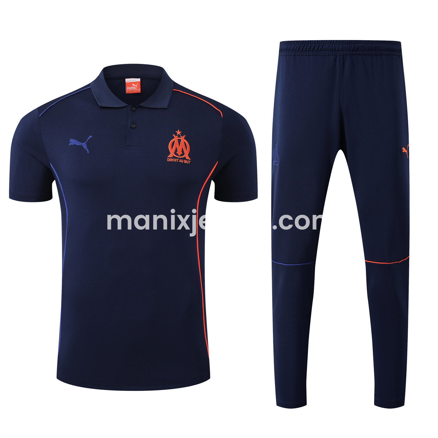 ManixJersey.com | Marseille 25-26 POLO Short-Sleeve Training Set - Deep Blue Top and Pants -Customize Name, Number and Patch | Worldwide Shipping