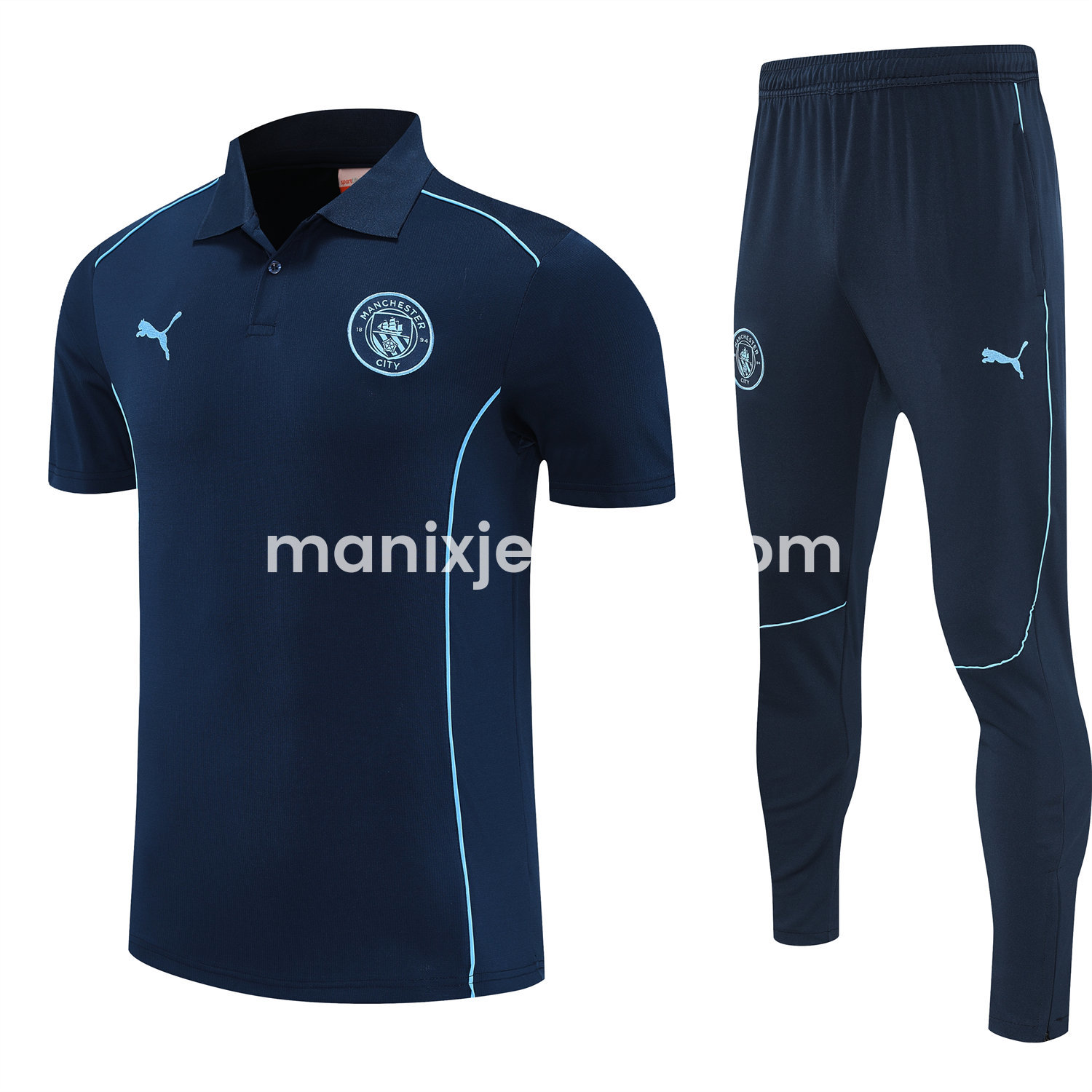 ManixJersey.com | Manchester City 25-26 POLO Short-Sleeve Training Set - Deep Blue Top and Pants -Customize Name, Number and Patch | Worldwide Shipping