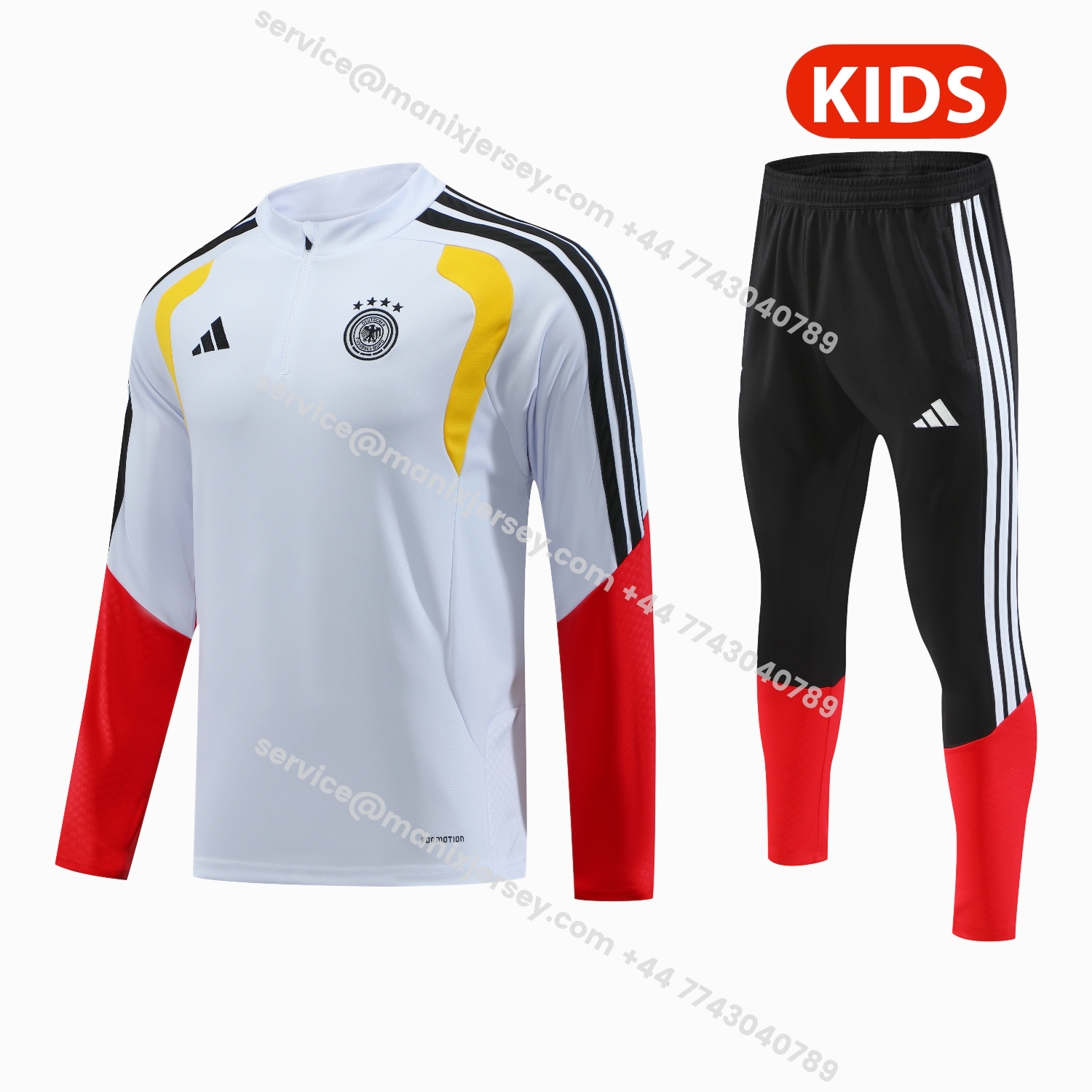 ManixJersey.com | Germany 2026 Kids Long Sleeve Training Set - White Top & Pants -Customize Name, Number and Patch | Worldwide Shipping