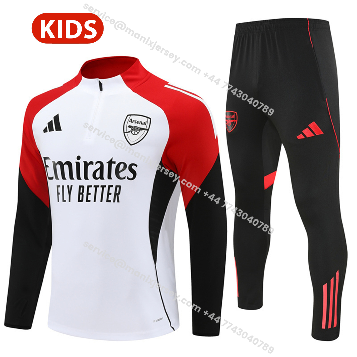 ManixJersey.com | Arsenal 25-26 Kids Long Sleeve Training Set - White Top & Black Pants -Customize Name, Number and Patch | Worldwide Shipping