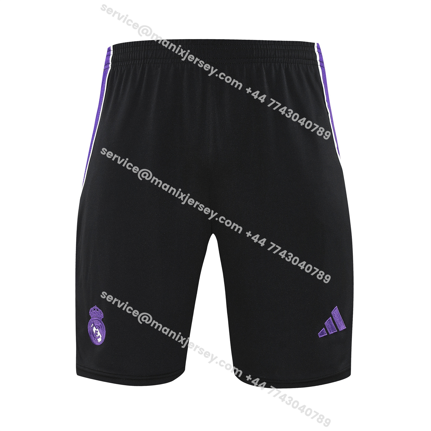 ManixJersey.com | Real Madrid 25-26 Short-Sleeve Training Set - Blue Edge White Top & Black Shorts -Customize Name, Number and Patch | Worldwide Shipping