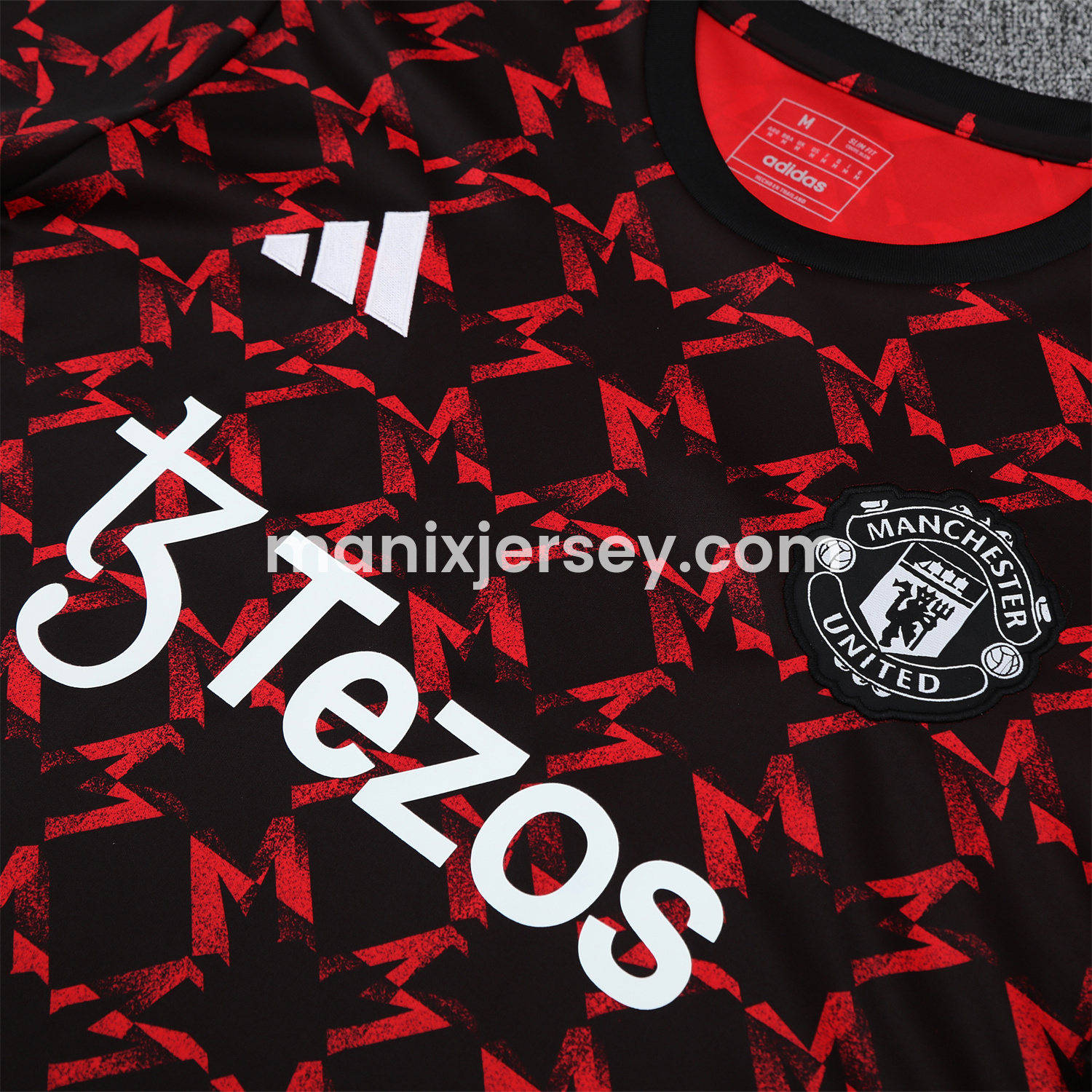 ManixJersey.com | Manchester United 25-26 Pre-Match Short-Sleeve Training Set - Red Top & Black Shorts -Customize Name, Number and Patch | Worldwide Shipping