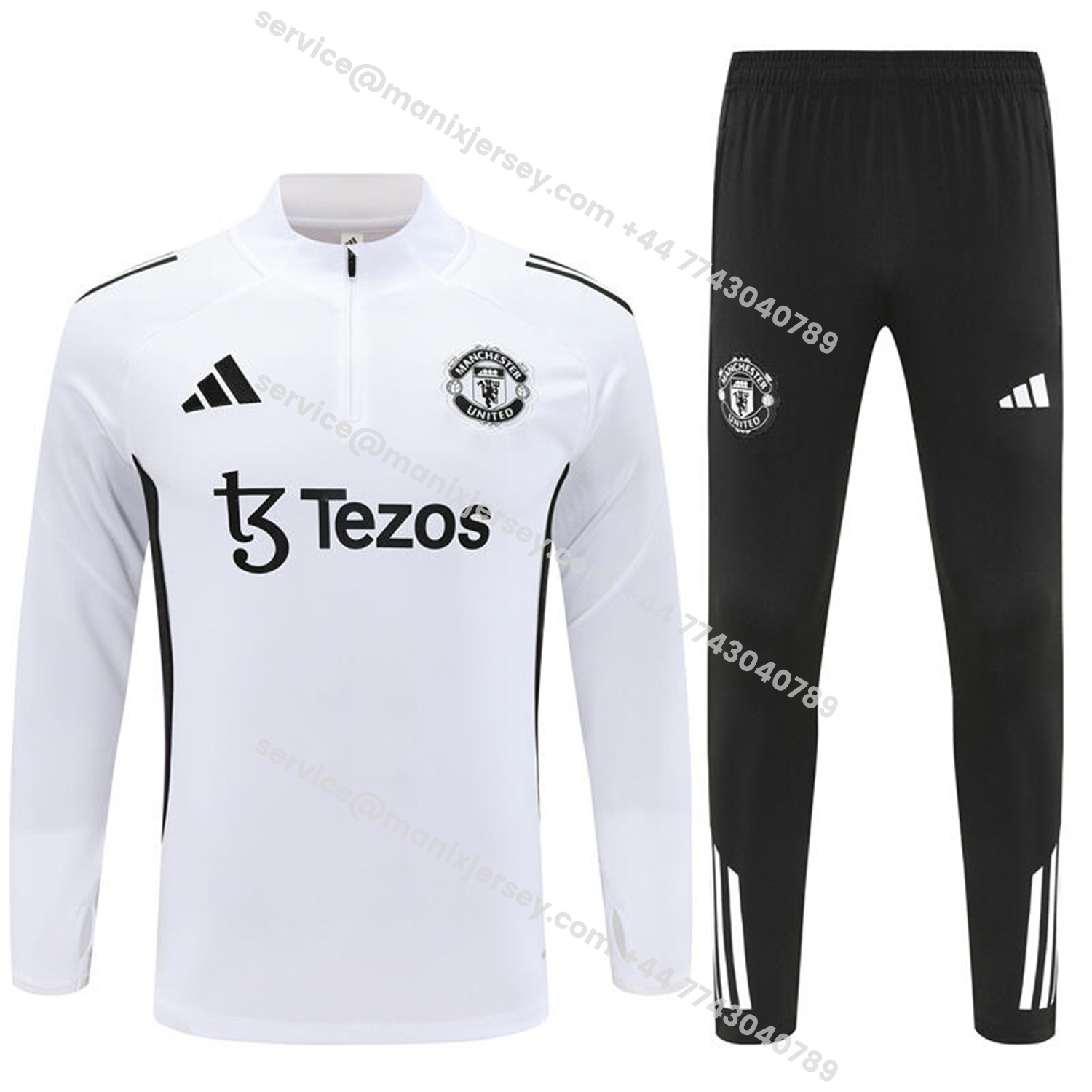 ManixJersey.com | Manchester United 25-26 Long Sleeve Training Set - White Top & Black Pants -Customize Name, Number and Patch | Worldwide Shipping