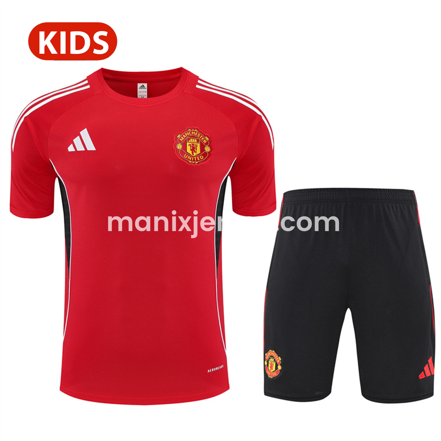 ManixJersey.com | Manchester United 25-26 Kid Short-Sleeve Training Set - Red Top & Black Shorts -Customize Name, Number and Patch | Worldwide Shipping