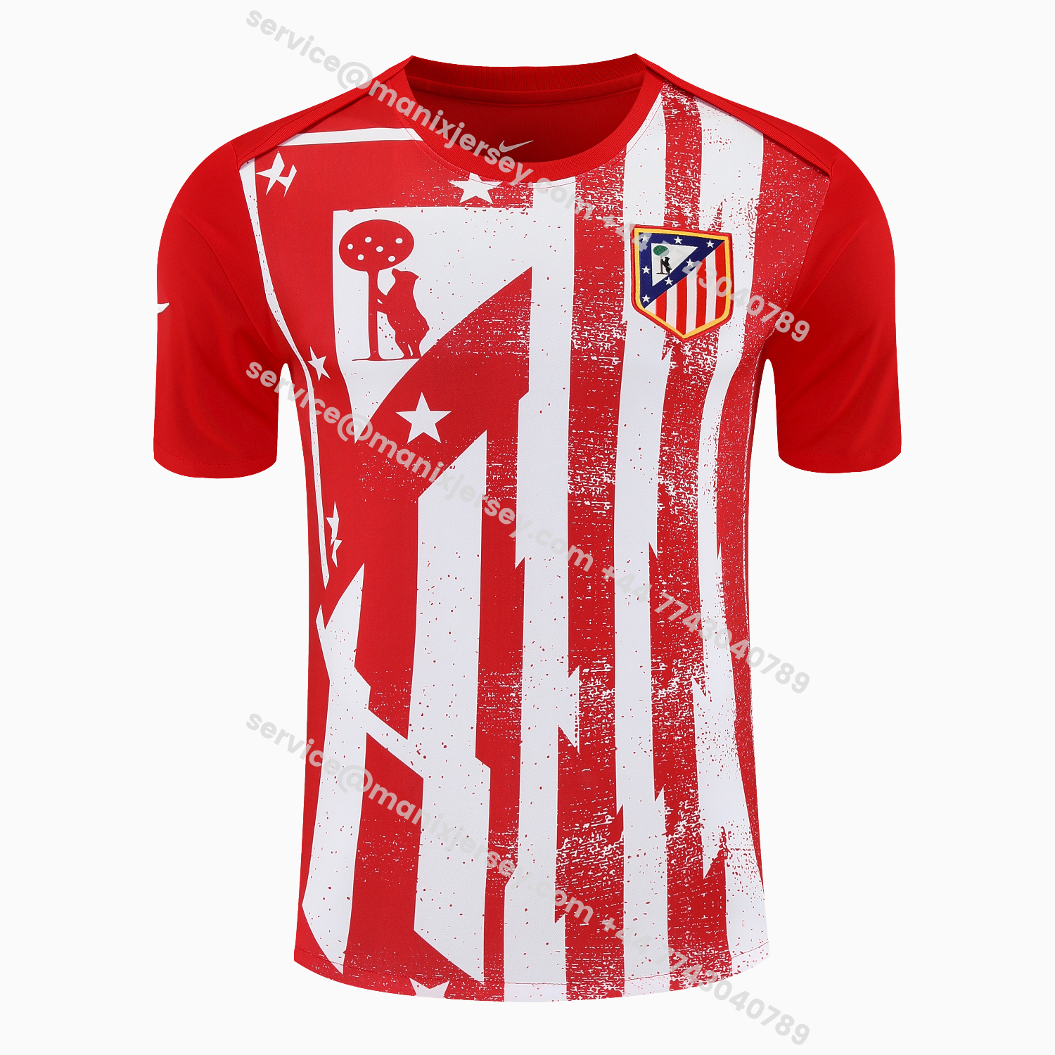 ManixJersey.com | Atletico Madrid Short-Sleeve Training Set - Red White Top & Blue Shorts -Customize Name, Number and Patch | Worldwide Shipping