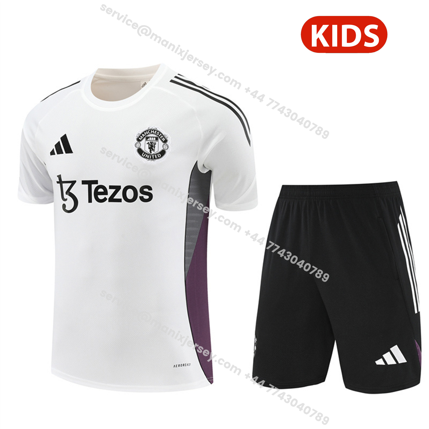 ManixJersey.com | Manchester United 25-26 Kids Short-Sleeve Training Set - White Purple Top & Black Shorts -Customize Name, Number and Patch | Worldwide Shipping