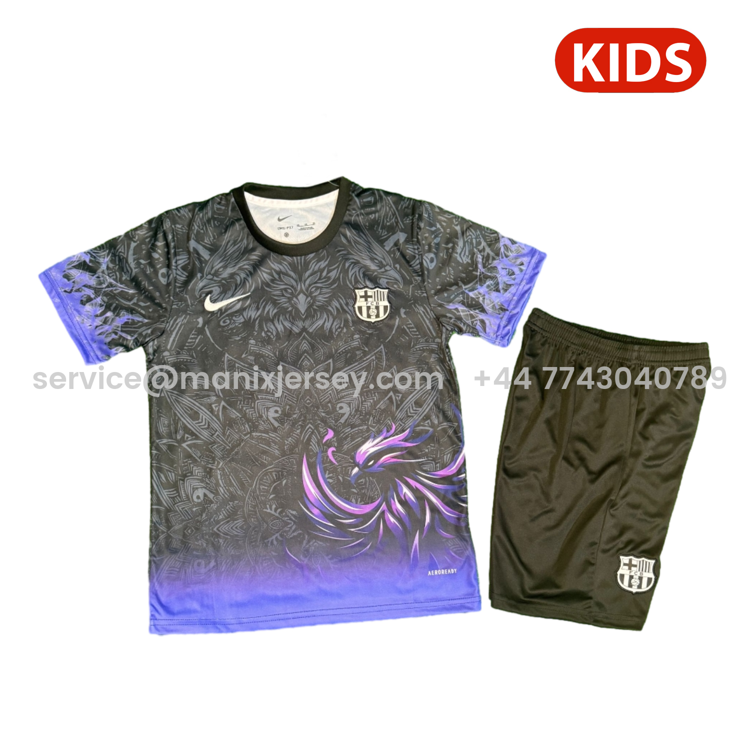 ManixJersey.com | Barcelona 25-26 Purple Bird Black Special Kids Kit -Customize Name, Number and Patch | Worldwide Shipping