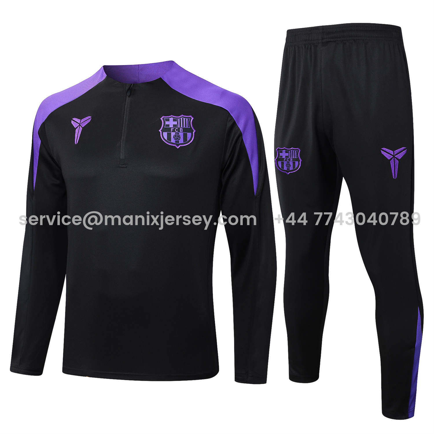 ManixJersey.com | Barcelona X KB 25-26 Long Sleeve Training Set - Black Top with Purple Badge and Black Pants -Customize Name, Number and Patch | Worldwide Shipping