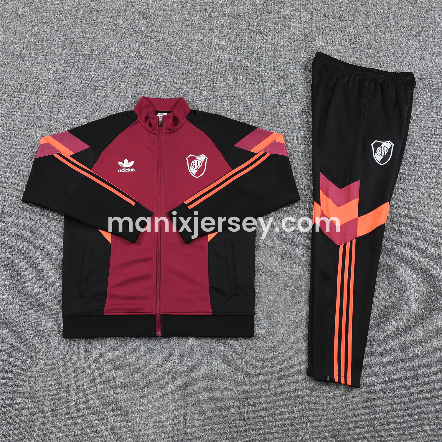 ManixJersey.com | River Plate 25-26 Terrace Jacket Training Tracksuit - Deep Red Jackets & Black Pants -Customize Name, Number and Patch | Worldwide Shipping