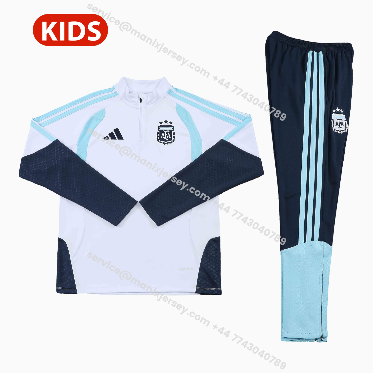 ManixJersey.com | Argentina 2026 Kids Long Sleeve Training Set - White Top & Black Pants -Customize Name, Number and Patch | Worldwide Shipping