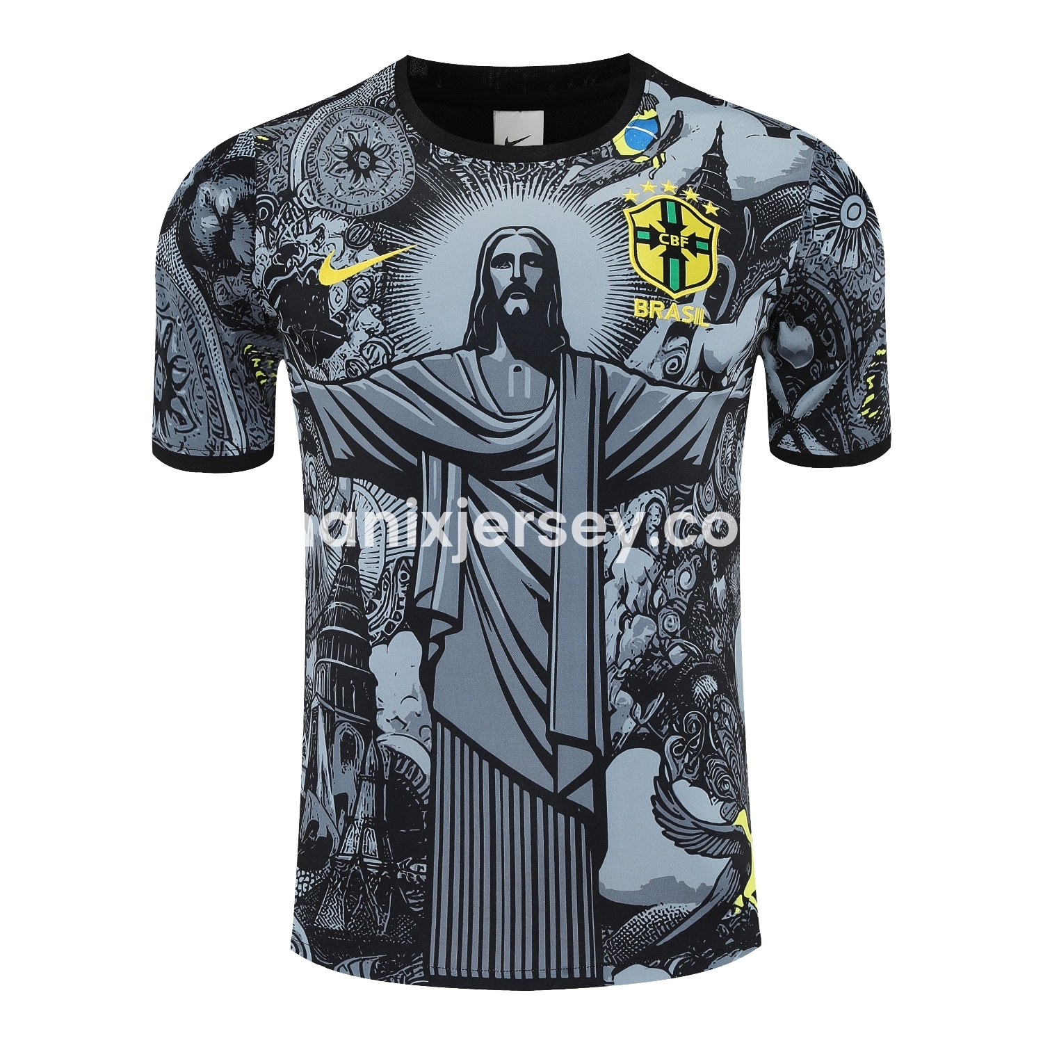 ManixJersey.com | Brazil 25-26 Gray Jesus Statue Short-Sleeve Training Set - Gray Top & Black Shorts -Customize Name, Number and Patch | Worldwide Shipping