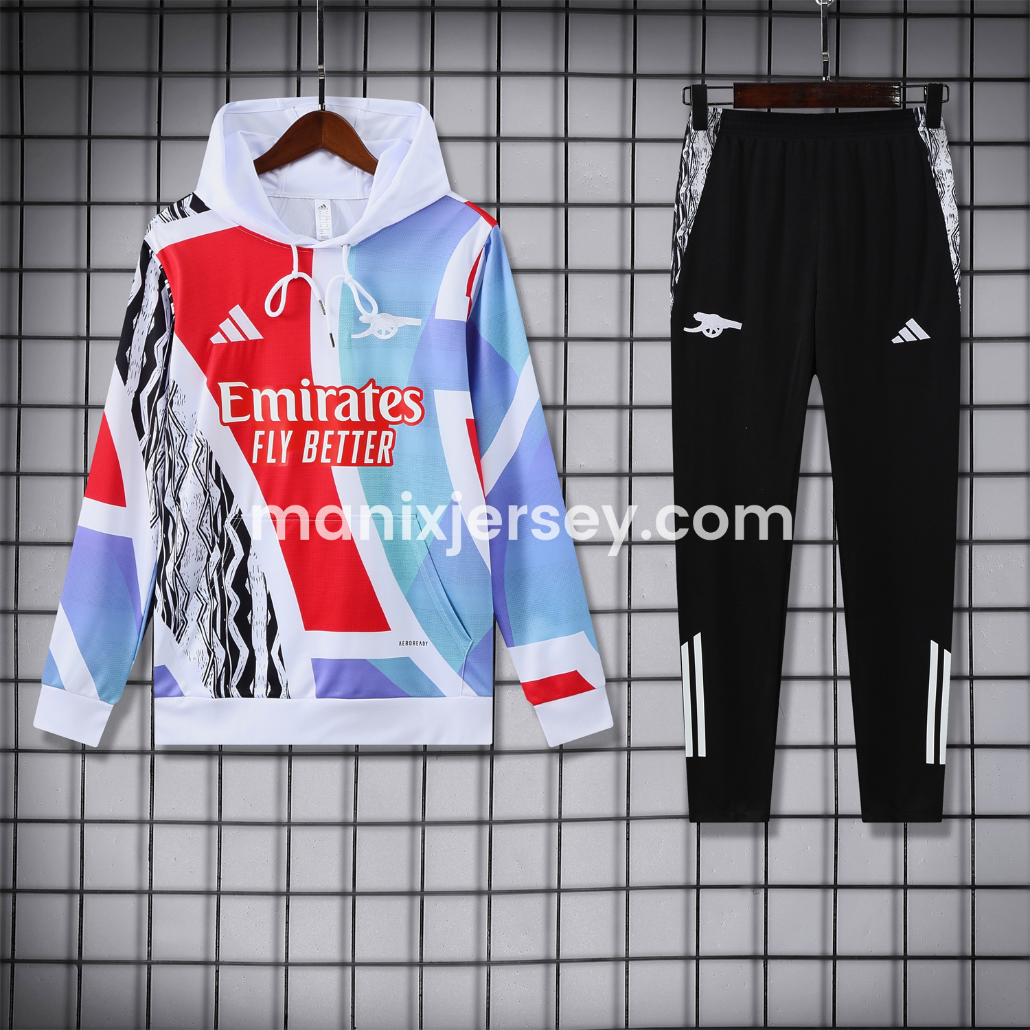 ManixJersey.com | Arsenal 24-25 Pre-Match Training Hoodie Set - White Top and Black Pants -Customize Name, Number and Patch | Worldwide Shipping