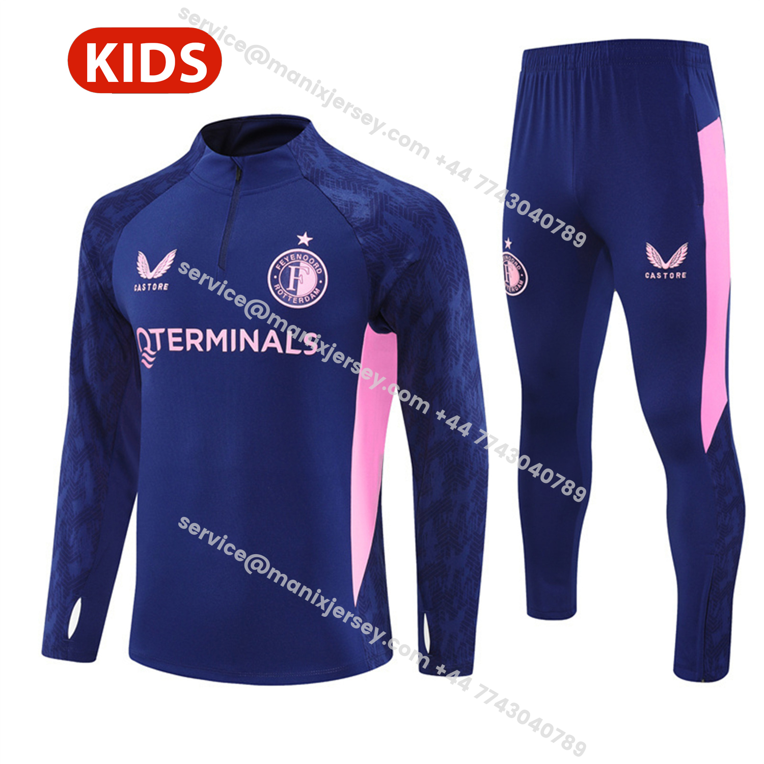 ManixJersey.com | Feyenoord 25-26 Kids Long Sleeve Training Set - Royal Blue Top & Royal Blue Pants -Customize Name, Number and Patch | Worldwide Shipping