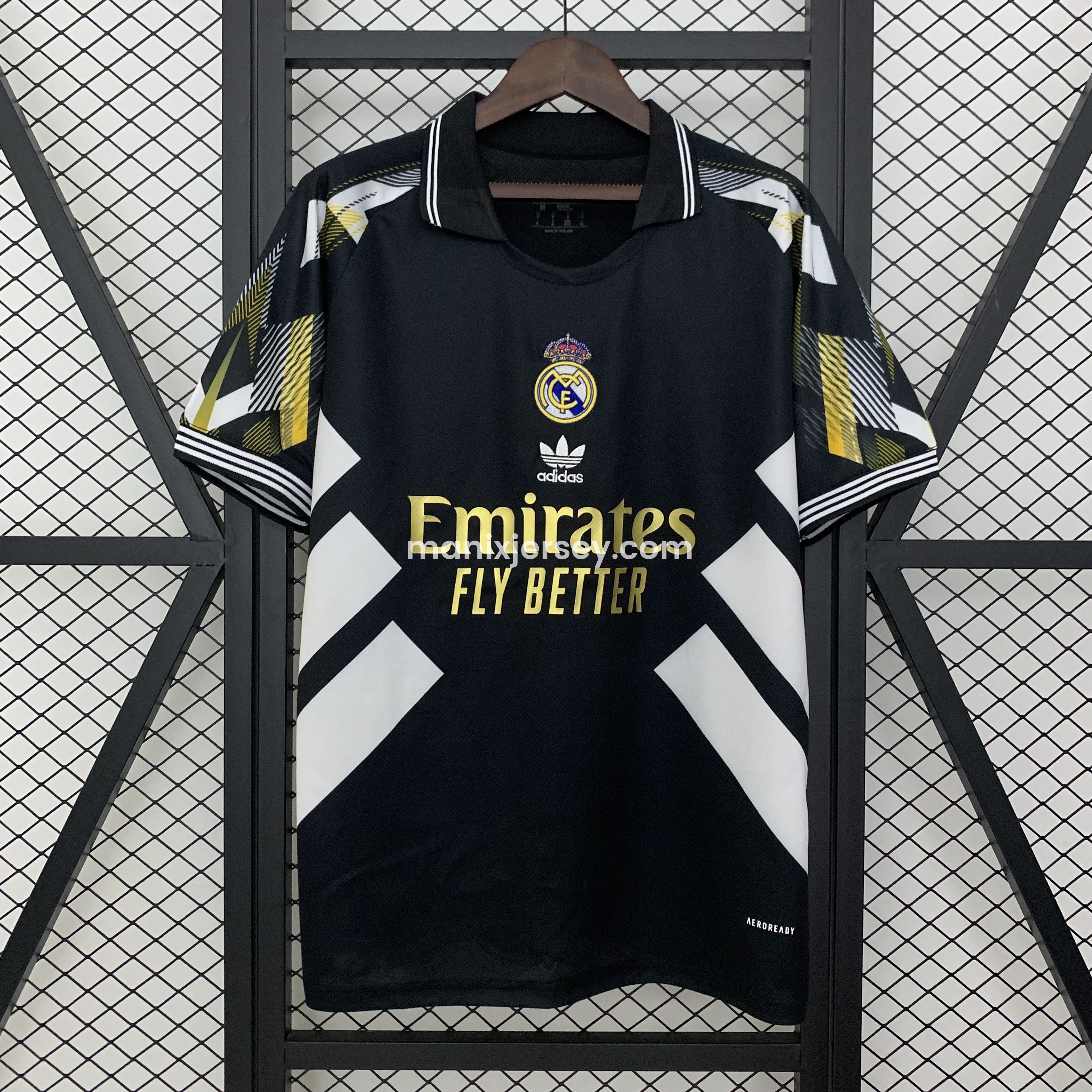 ManixJersey.com | Real Madrid 25-26 Black Gold White Three Bars Jersey - Fans Version -Customize Name, Number and Patch | Worldwide Shipping