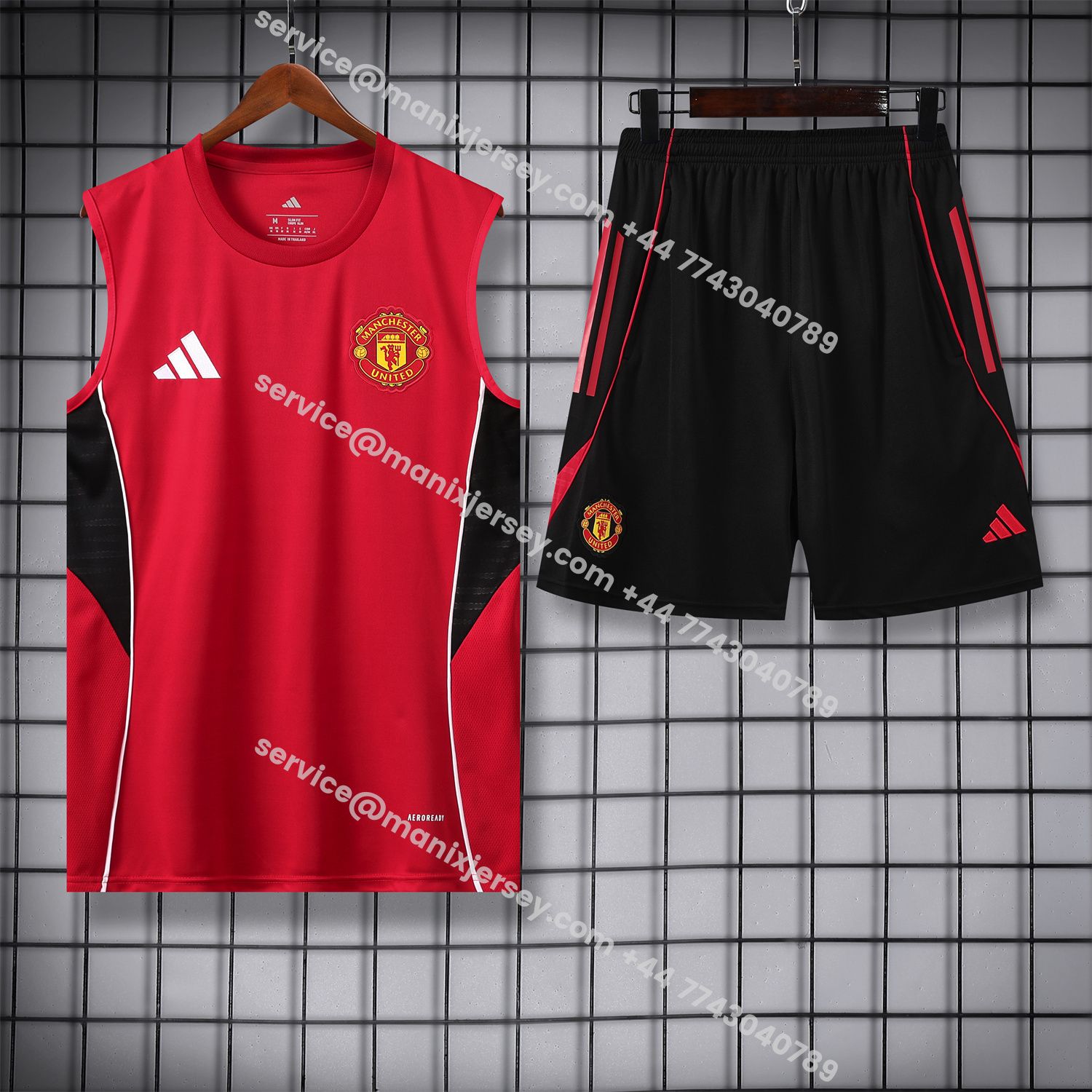 ManixJersey.com | Manchester United 25-26 Vest Training Set - Pure Red Vest & Black Shorts -Customize Name, Number and Patch | Worldwide Shipping