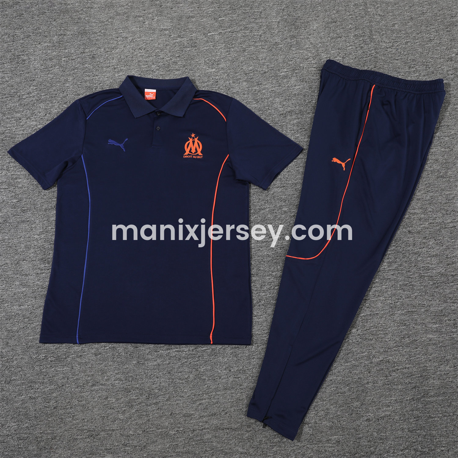 ManixJersey.com | Marseille 25-26 POLO Short-Sleeve Training Set - Deep Blue Top and Pants -Customize Name, Number and Patch | Worldwide Shipping