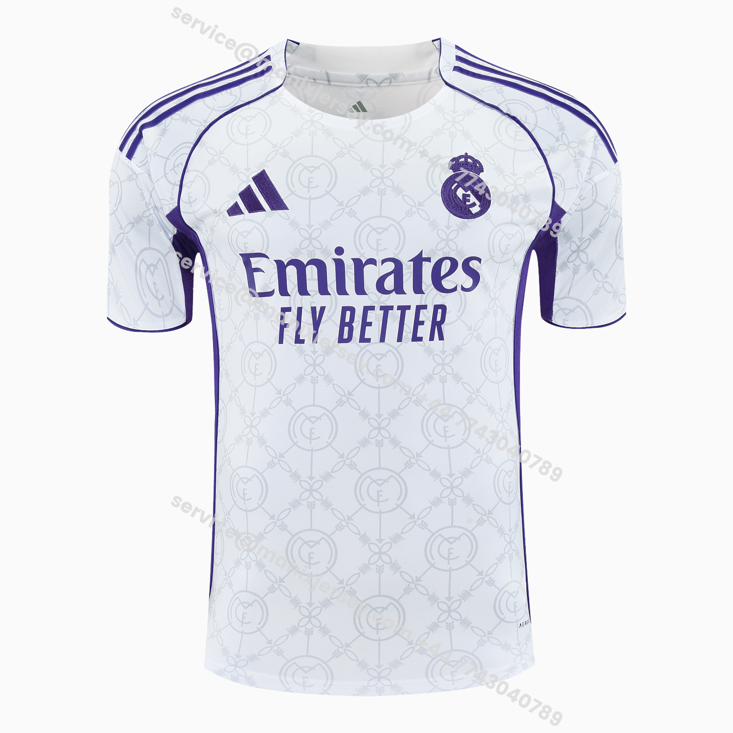 ManixJersey.com | Real Madrid 25-26 Short-Sleeve Training Set - Blue Edge White Top & Black Shorts -Customize Name, Number and Patch | Worldwide Shipping