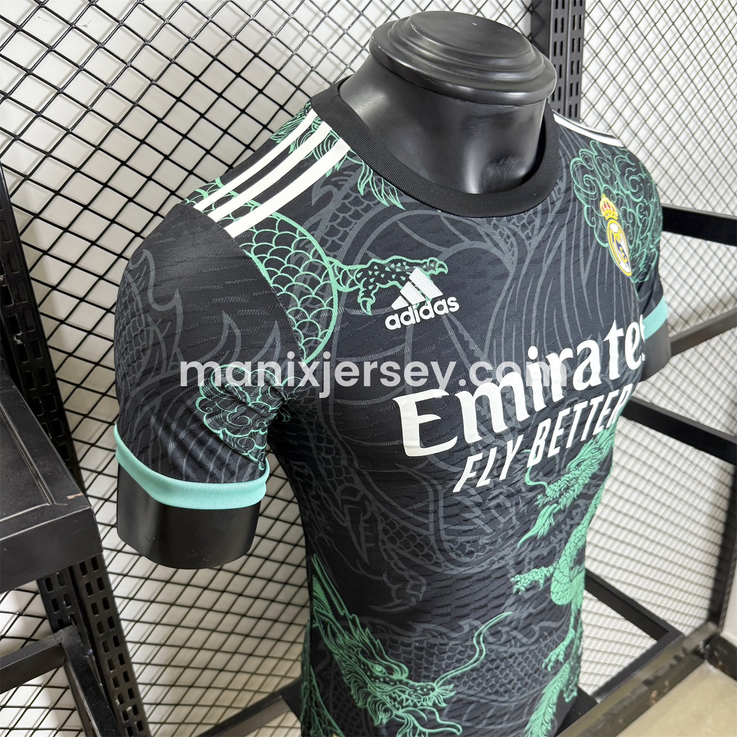 ManixJersey.com | Real Madrid 25-26 Green Dragon Soars Black Jersey - Player Version -Customize Name, Number and Patch | Worldwide Shipping