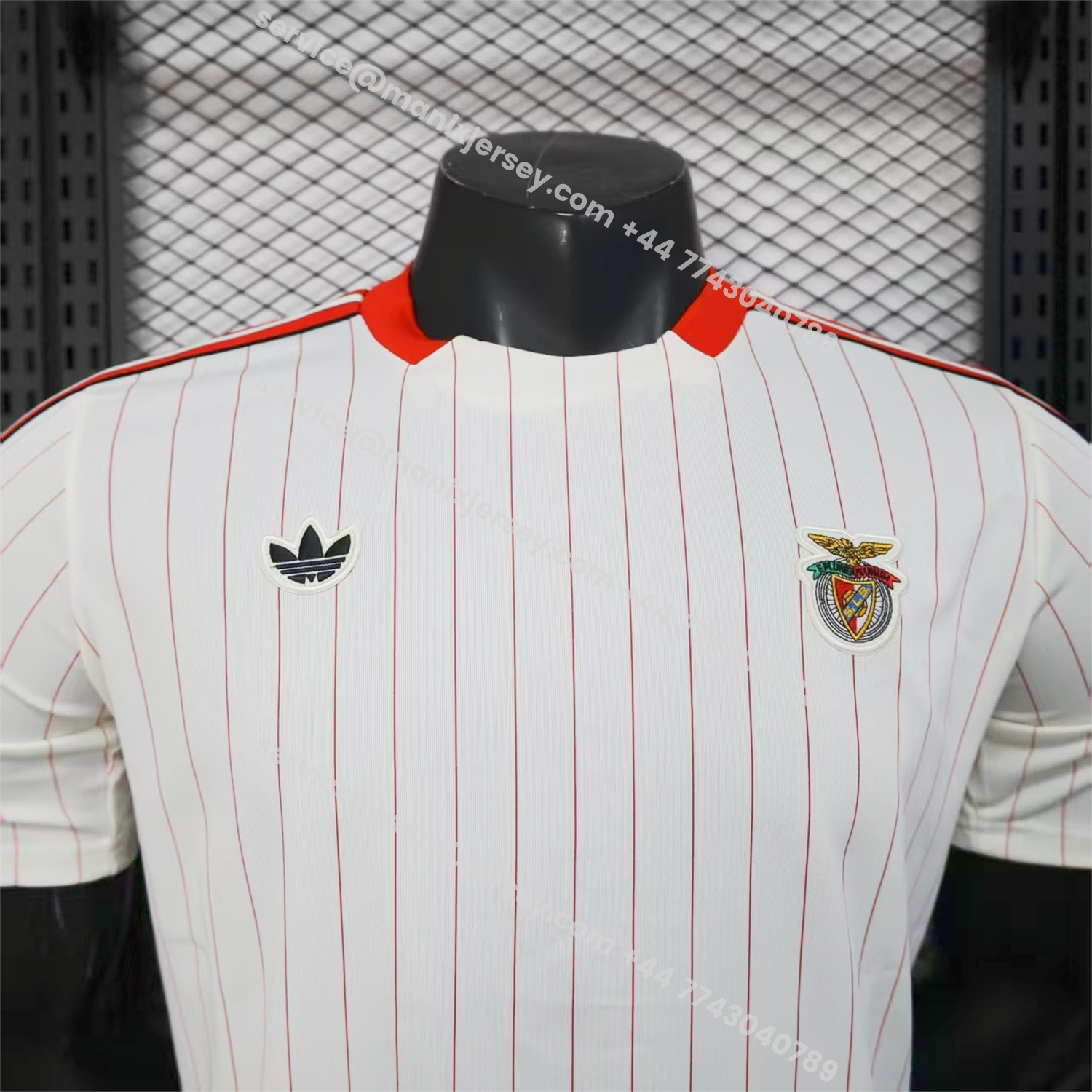 ManixJersey.com | Benfica 25-26 Trefoil Red Lines White Travel Jersey - Player Version -Customize Name, Number and Patch | Worldwide Shipping