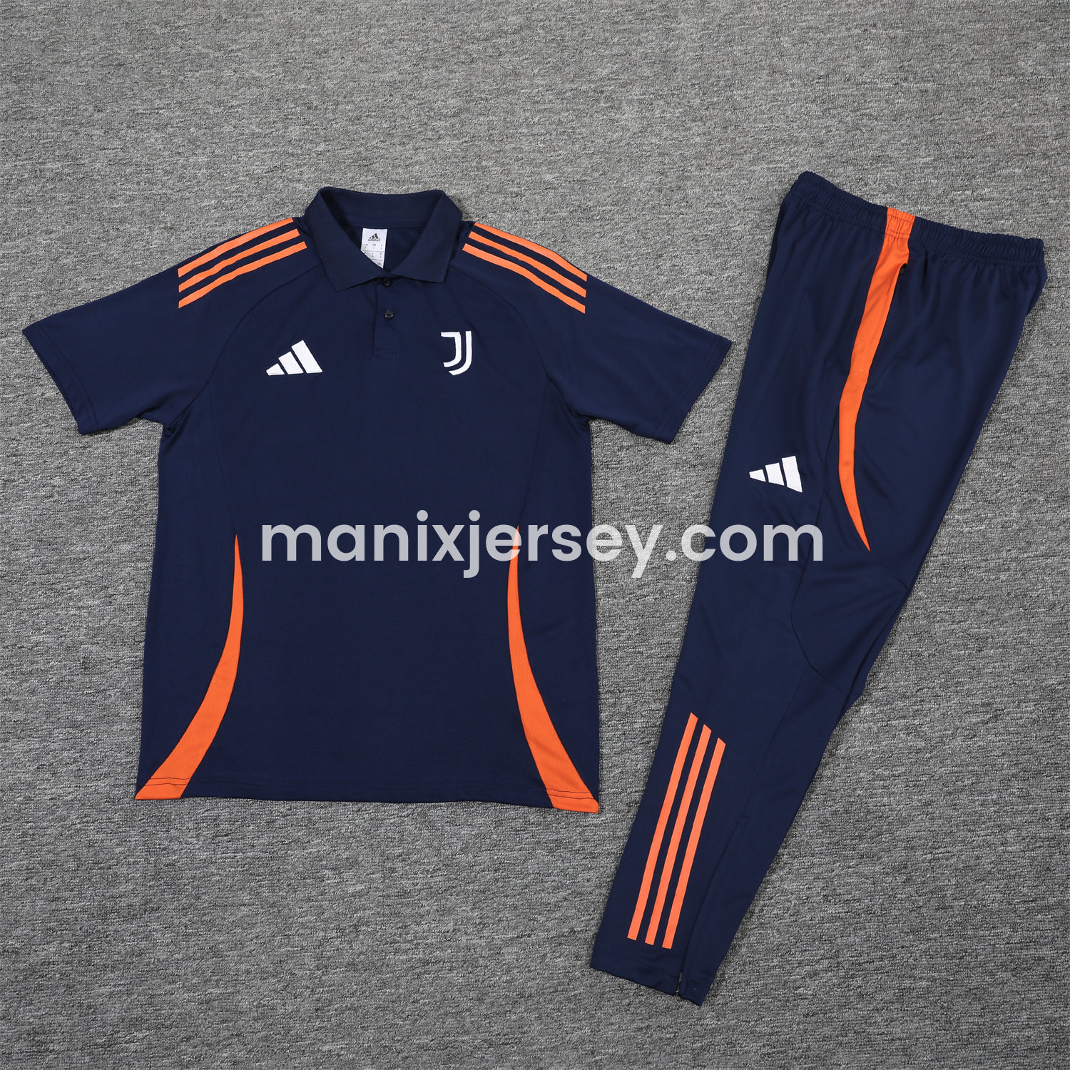 ManixJersey.com | Juventus 25-26 POLO Short-Sleeve Training Set - Deep Blue Top and Pants with Orange Stripes -Customize Name, Number and Patch | Worldwide Shipping