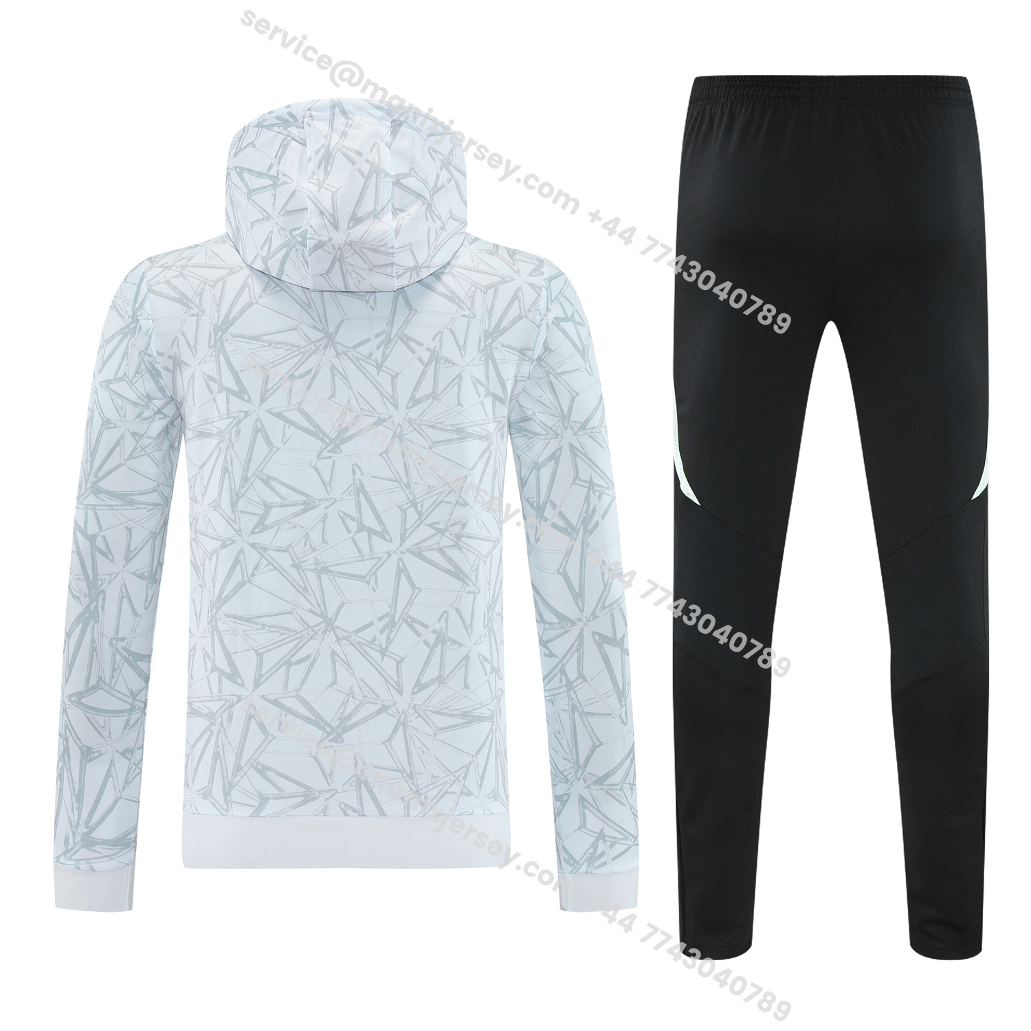 ManixJersey.com | Real Madrid 25-26 Traning Hoodie Set - Triangular Spots White Hoodie With Black Pants -Customize Name, Number and Patch | Worldwide Shipping