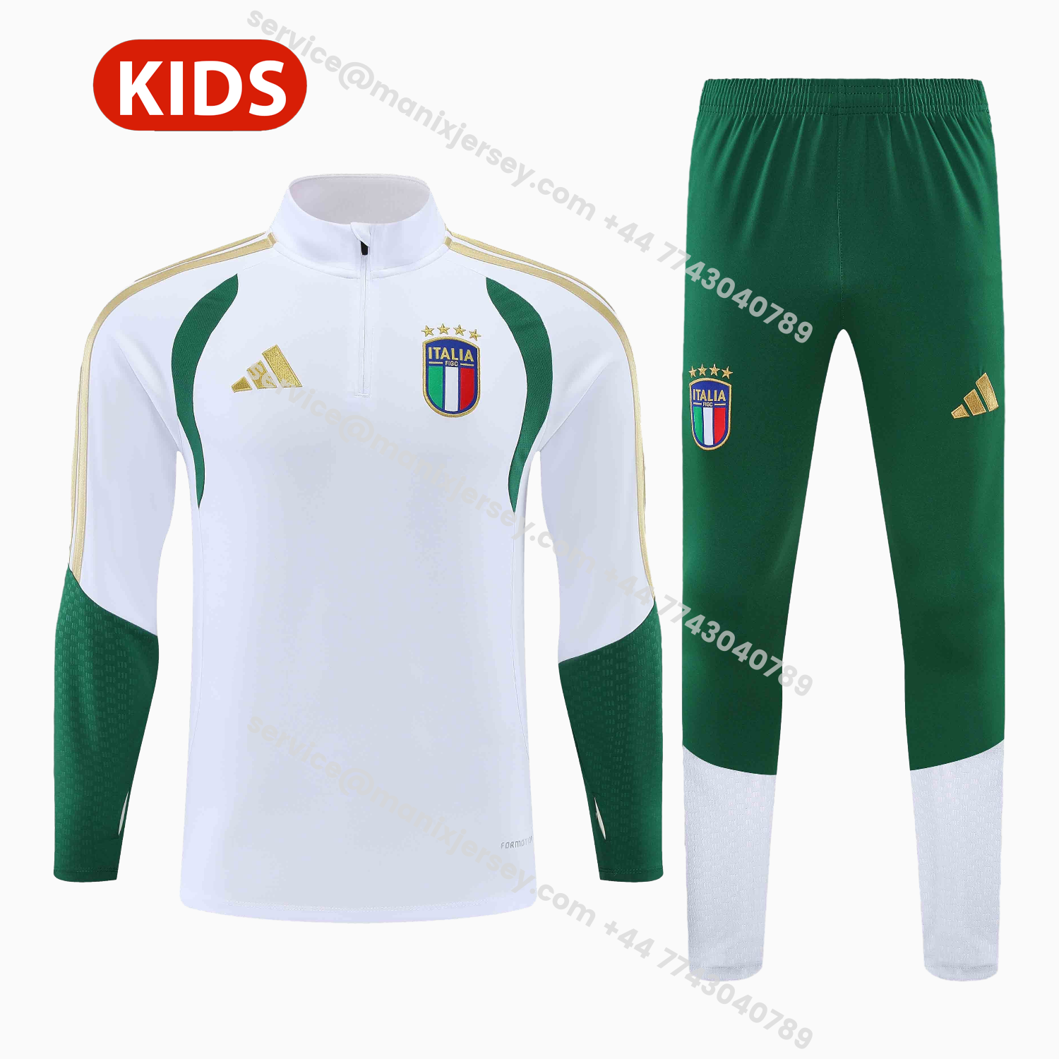 ManixJersey.com | Italy 2026 Kids Long Sleeve Training Set - White Top & Pants -Customize Name, Number and Patch | Worldwide Shipping