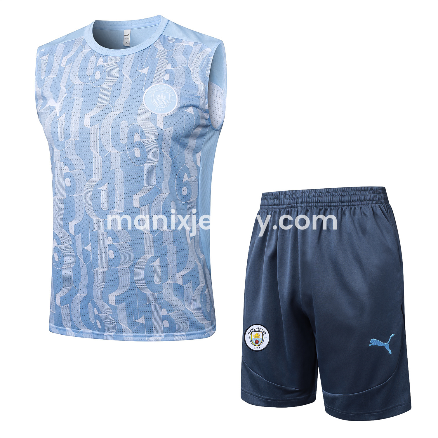 ManixJersey.com | Manchester City 25-26 Vest Training Set - Sky Blue Vest and Deep Blue Shorts -Customize Name, Number and Patch | Worldwide Shipping