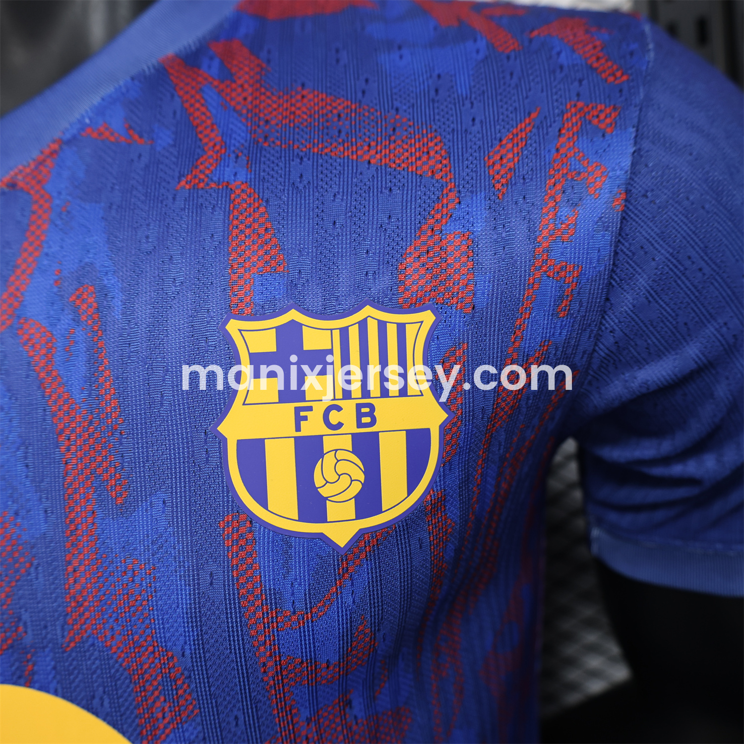 ManixJersey.com | Barcelona 25-26 Blue Gradient and Red Shaped Pattern Pattern Jersey - Player Version -Customize Name, Number and Patch | Worldwide Shipping