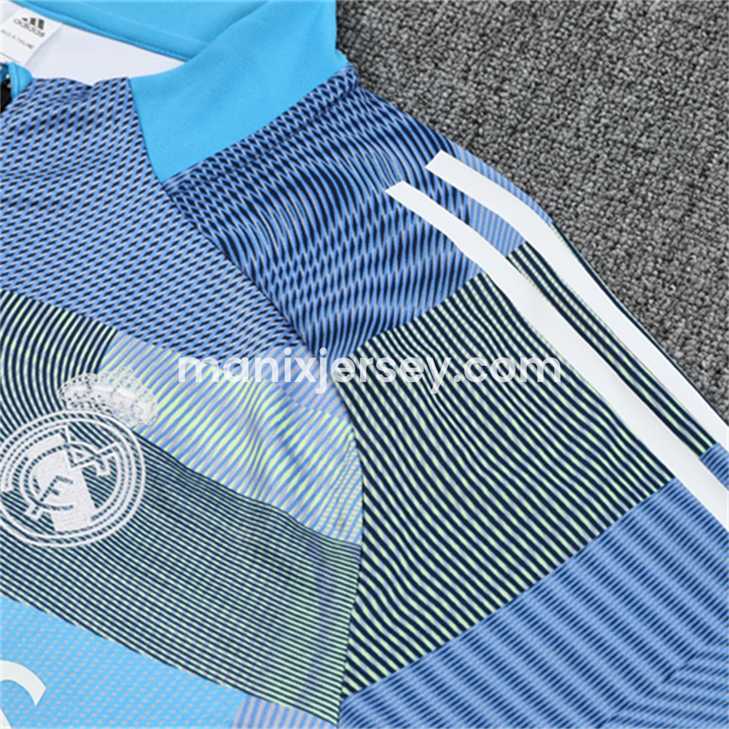 ManixJersey.com | Real Madrid 25-26 Kids Long Sleeves Training Set - Blue-Gray Camouflage Top & Blue Pants -Customize Name, Number and Patch | Worldwide Shipping