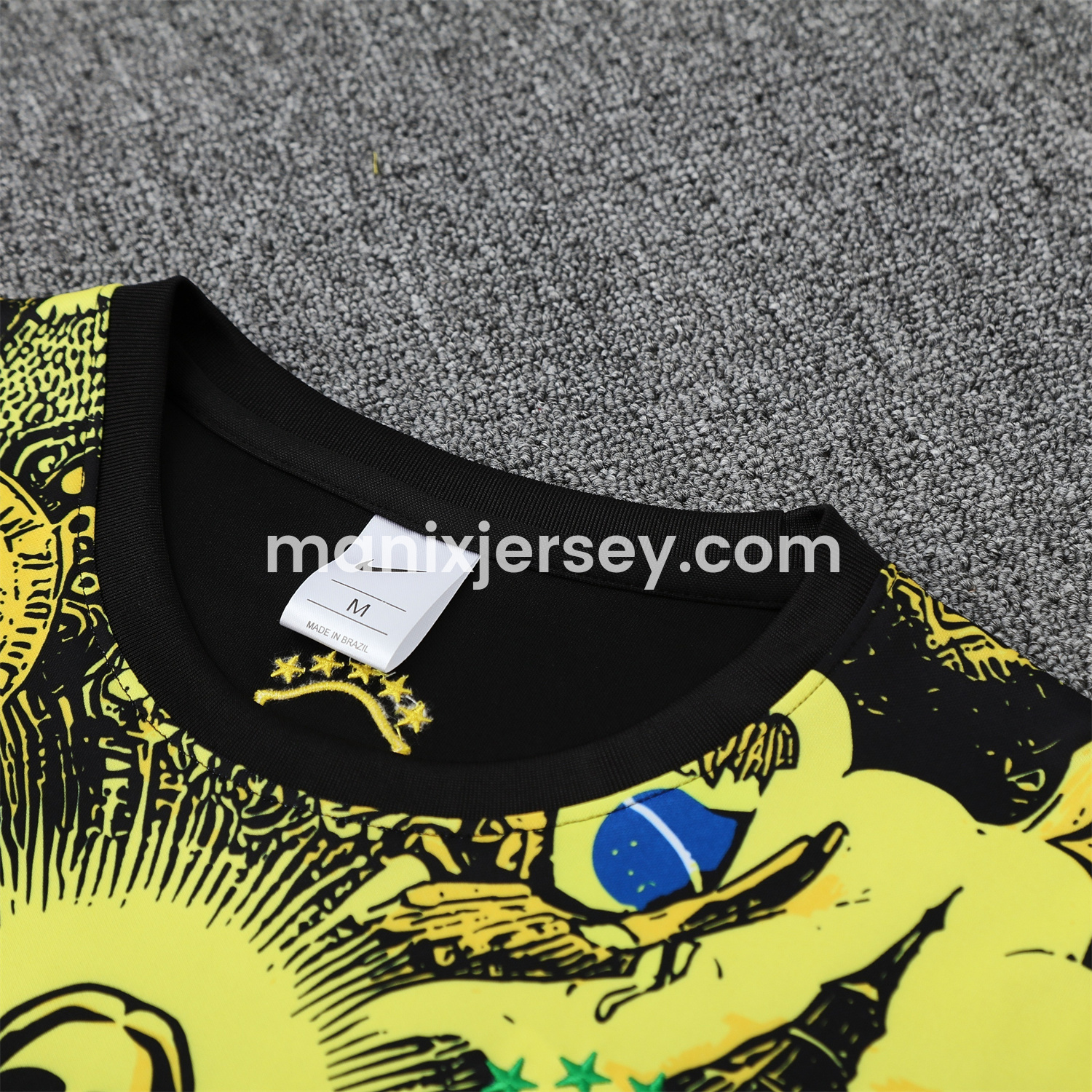 ManixJersey.com | Brazil 25-26 Yellow Jesus Statue Short-Sleeve Training Set - Yellow Top & Black Shorts -Customize Name, Number and Patch | Worldwide Shipping