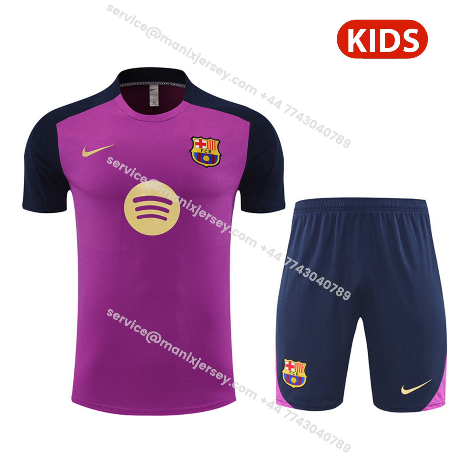 ManixJersey.com | Barcelona 25-26 Kids Short-Sleeve Training Set - Purple Top & Deep Blue Shorts -Customize Name, Number and Patch | Worldwide Shipping