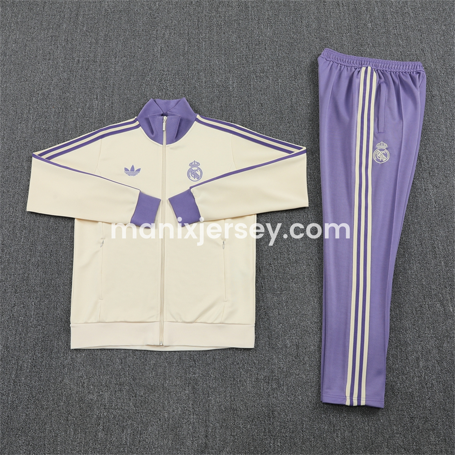 ManixJersey.com | Real Madrid 24-25 Throwback Jacket Training Tracksuit - Off-white Jackets & Purple Pants -Customize Name, Number and Patch | Worldwide Shipping