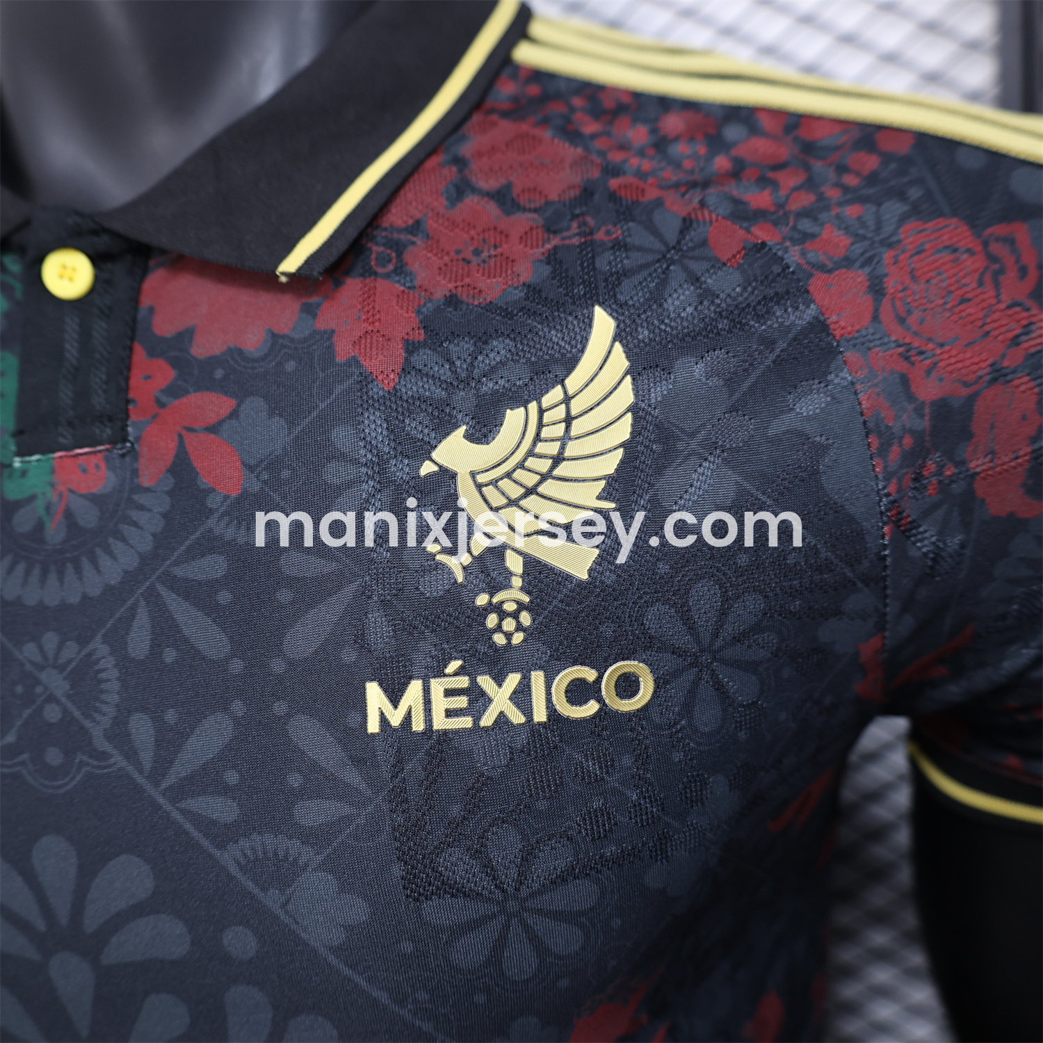 ManixJersey.com | Mexico 25-26 Black Polo Jersey with Red and Green Floral Pattern - Player Version -Customize Name, Number and Patch | Worldwide Shipping