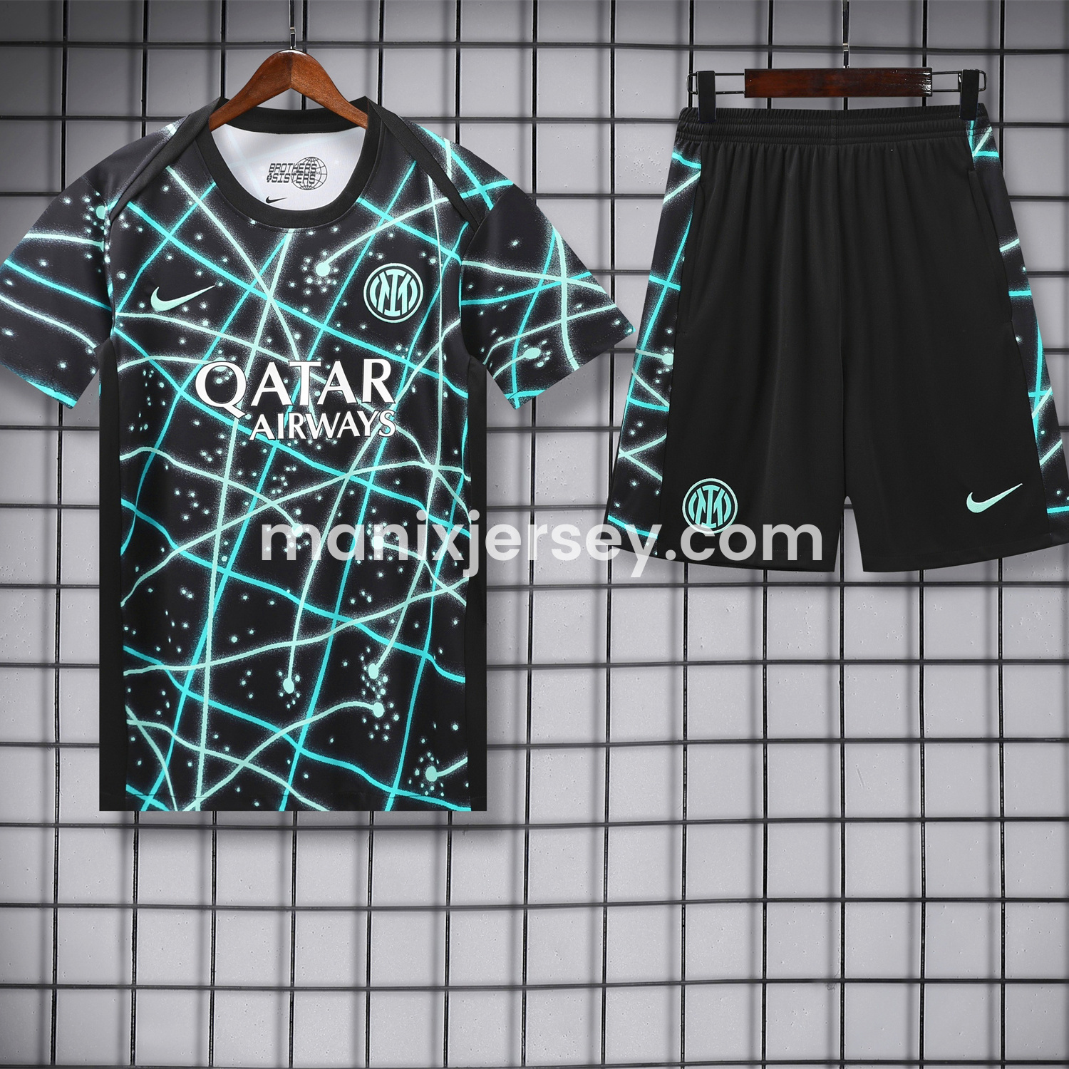 ManixJersey.com | Inter Milan 25-26 Short-Sleeve Training Set - Blue Fluorescent Rays Black Top & Black Shorts -Customize Name, Number and Patch | Worldwide Shipping
