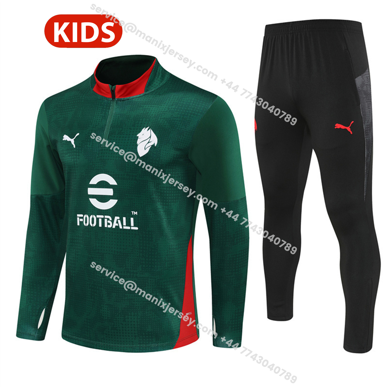 ManixJersey.com | AC Milan 25-26 Kids Long Sleeve Training Set - Army Green Top & Black Pants -Customize Name, Number and Patch | Worldwide Shipping