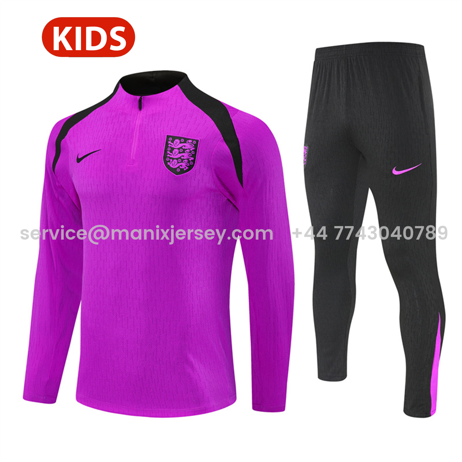 ManixJersey.com | England 25-26 Kids Long Sleeve Training Set - Player Version - Purple Top and Black Pants -Customize Name, Number and Patch | Worldwide Shipping