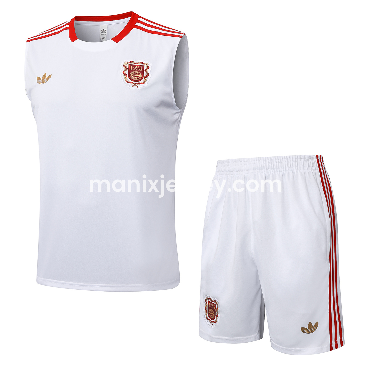 ManixJersey.com | Bayern Munich 2025 125th Anniversary Vest Training Set - White Top and Shorts -Customize Name, Number and Patch | Worldwide Shipping