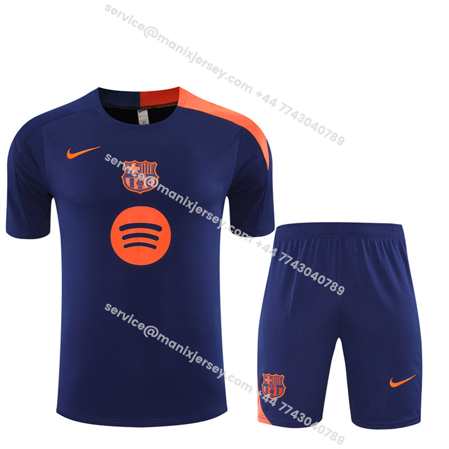 ManixJersey.com | Barcelona 25-26 Short-Sleeve Training Set - Royal Blue Top Orange Sponsor & Royal Blue Shorts -Customize Name, Number and Patch | Worldwide Shipping