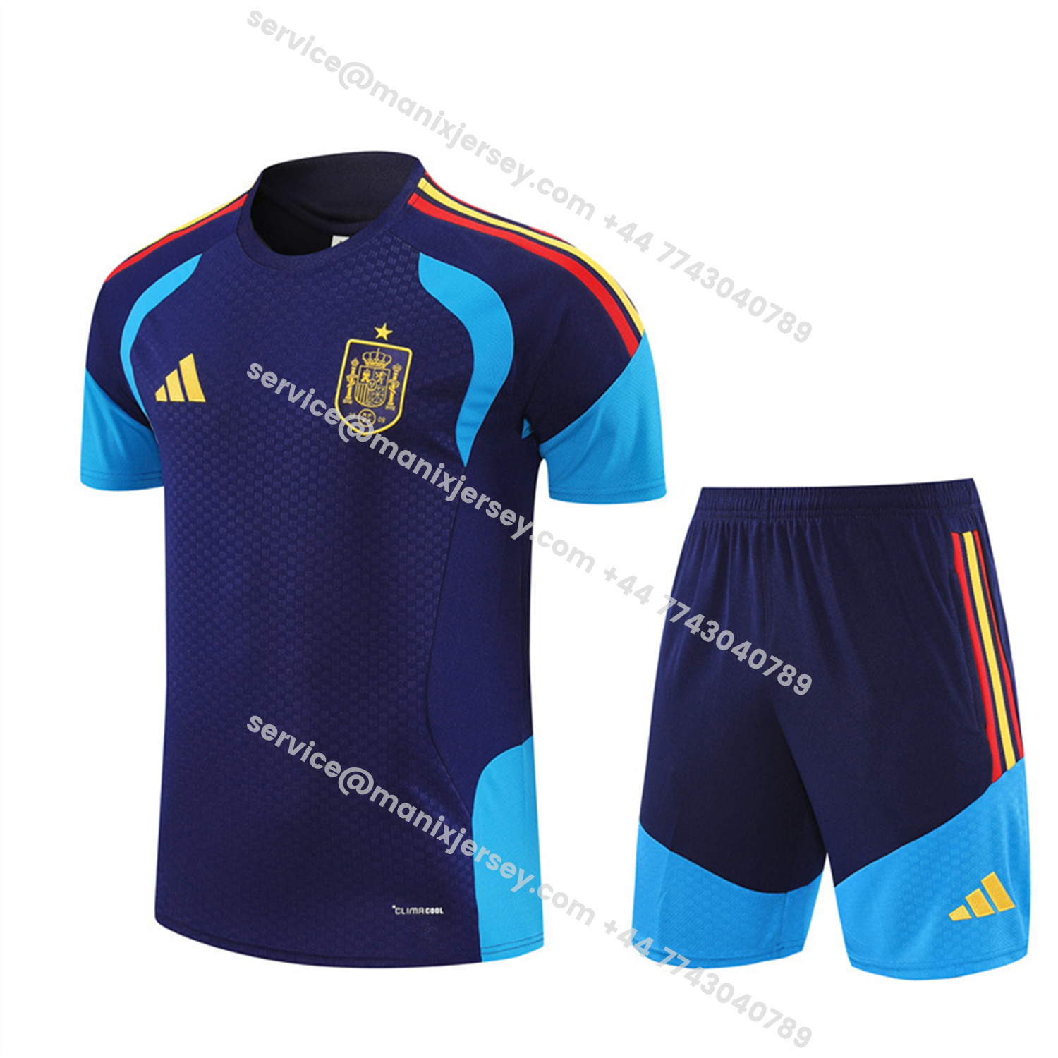 ManixJersey.com | Spain 2026 Short-Sleeve Training Set - Royal Blue Top & Shorts -Customize Name, Number and Patch | Worldwide Shipping
