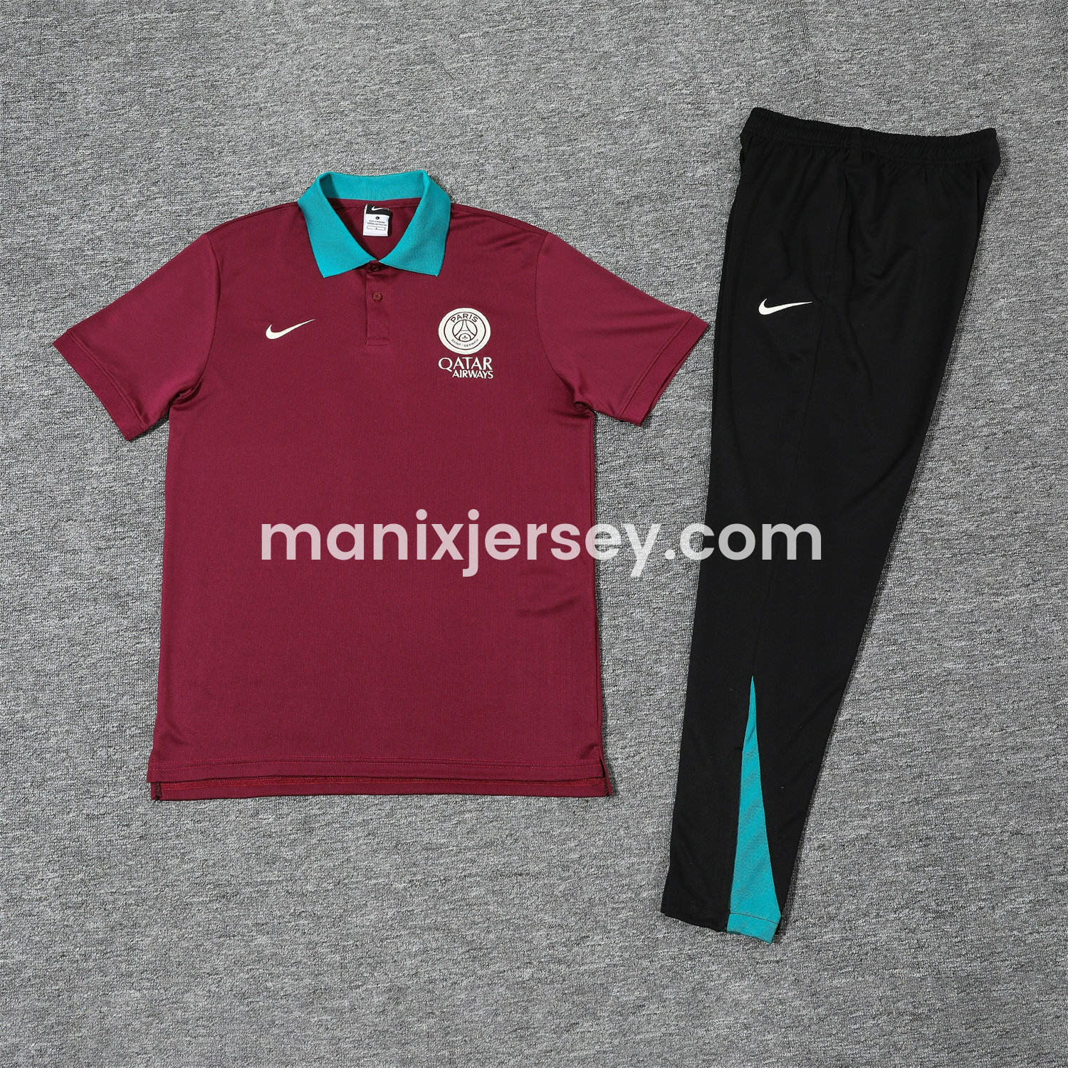 ManixJersey.com | Paris Saint-Germain PSG 25-26 POLO Short-Sleeve Training Set - Deep Red Top and Black Pants -Customize Name, Number and Patch | Worldwide Shipping
