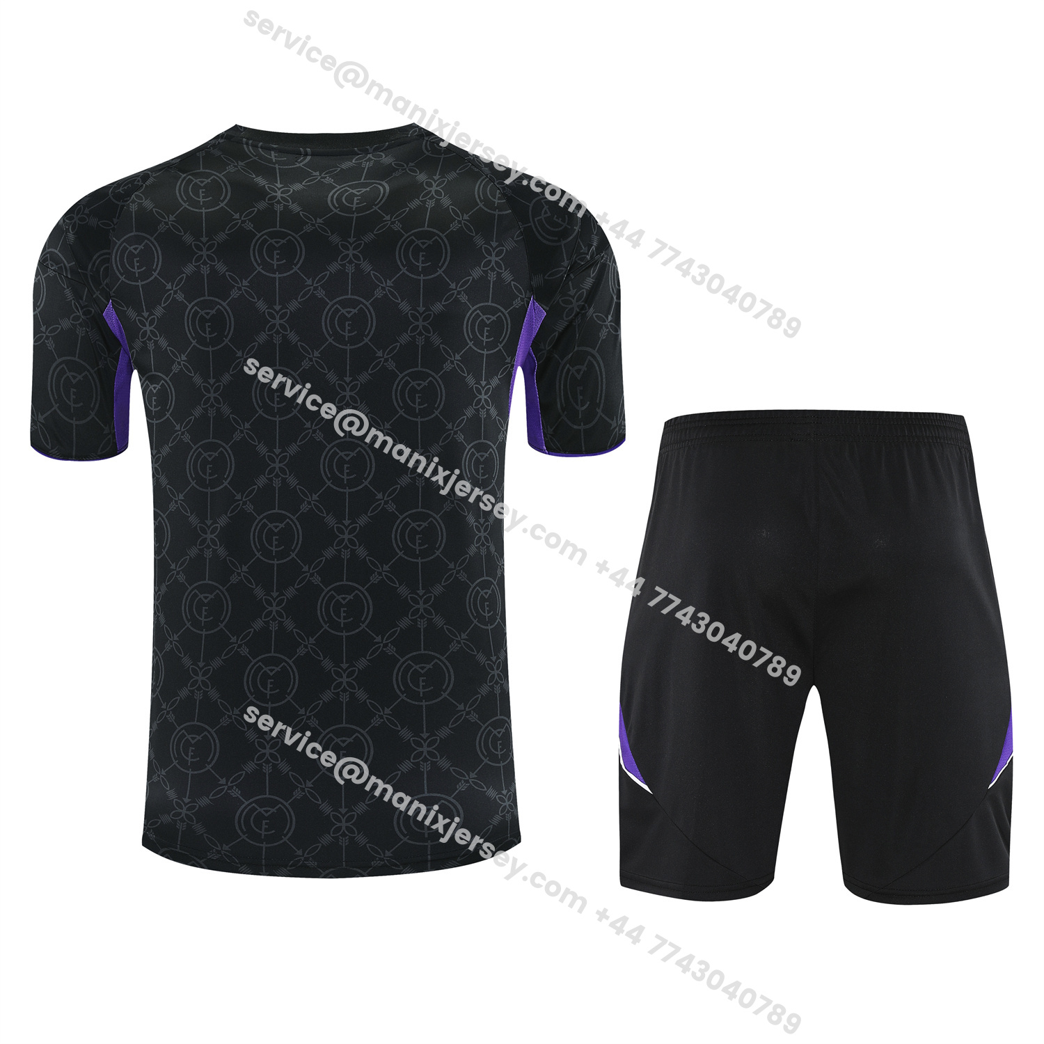 ManixJersey.com | Real Madrid 25-26 Short-Sleeve Training Set - Blue Edge Black Top & Black Shorts -Customize Name, Number and Patch | Worldwide Shipping