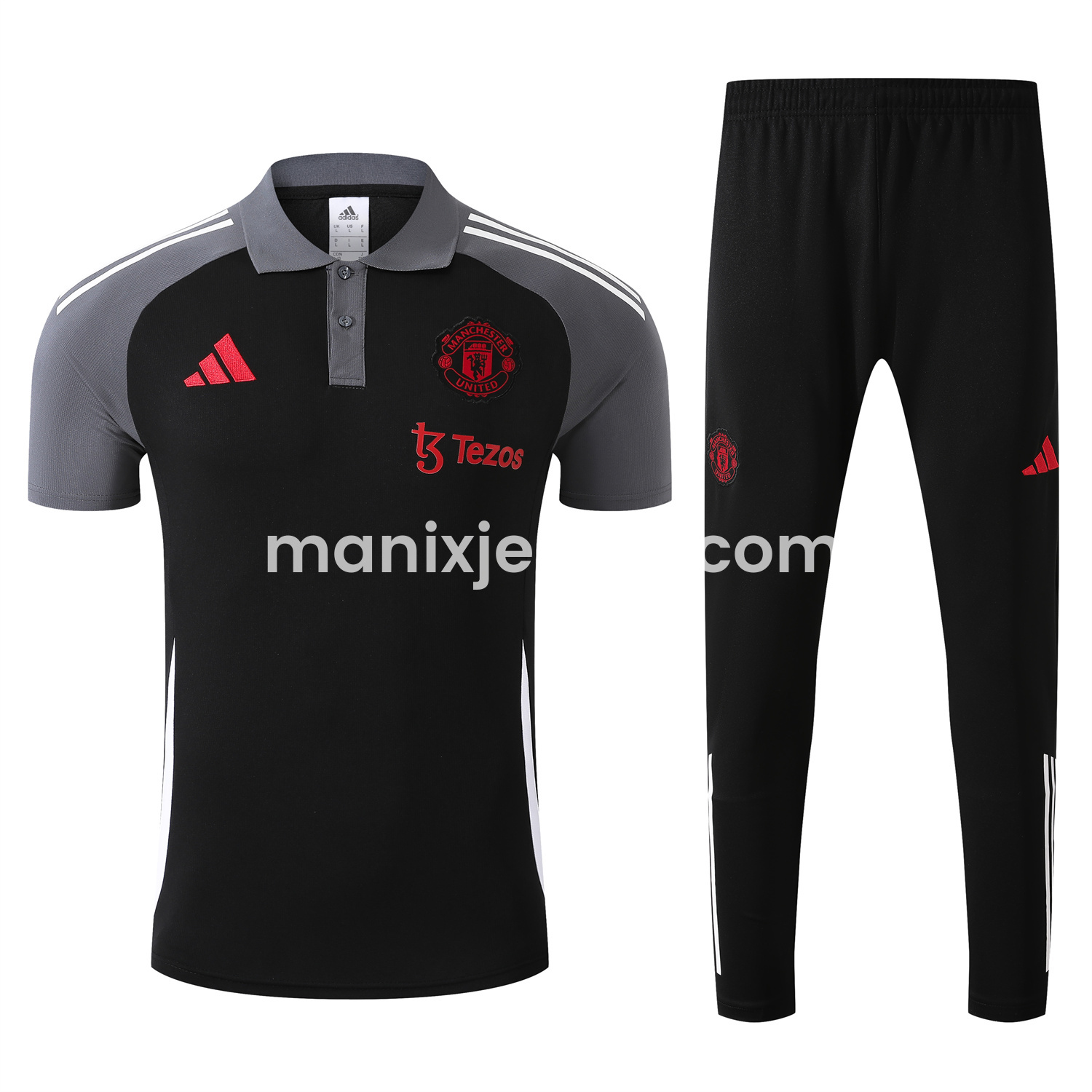 ManixJersey.com | Manchester United 25-26 POLO Short-Sleeve Training Set - Black Top and Pants with White Stripes -Customize Name, Number and Patch | Worldwide Shipping