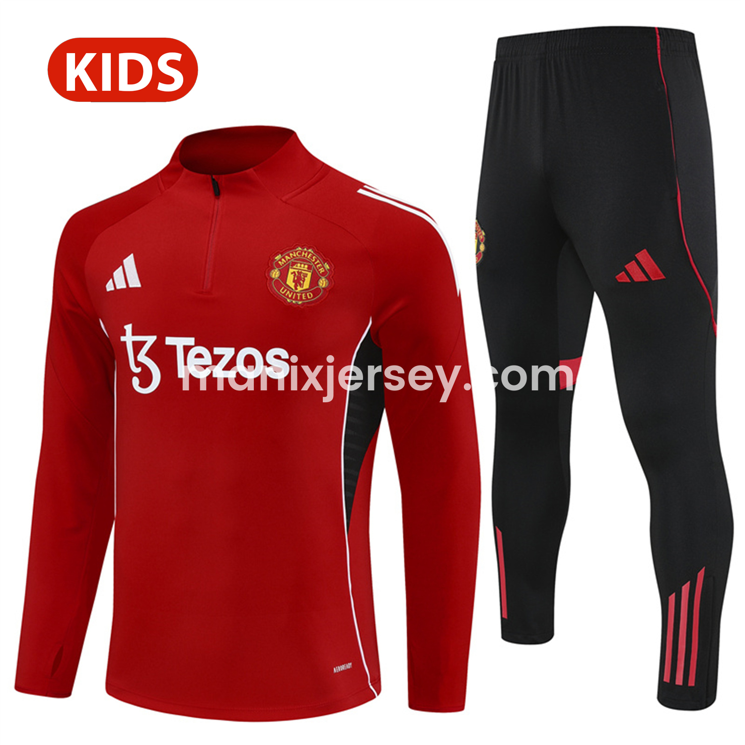 ManixJersey.com | Manchester United 25-26 Kid Long Sleeves Training Set - Red Top & Black Pants -Customize Name, Number and Patch | Worldwide Shipping