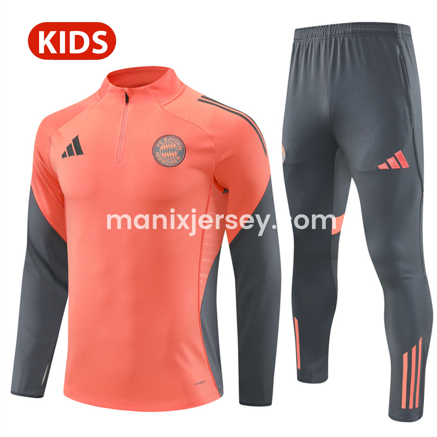 ManixJersey.com | Bayern Munich 25-26 Kid Long Sleeves Training Set - Orange Top & Gray Pants -Customize Name, Number and Patch | Worldwide Shipping