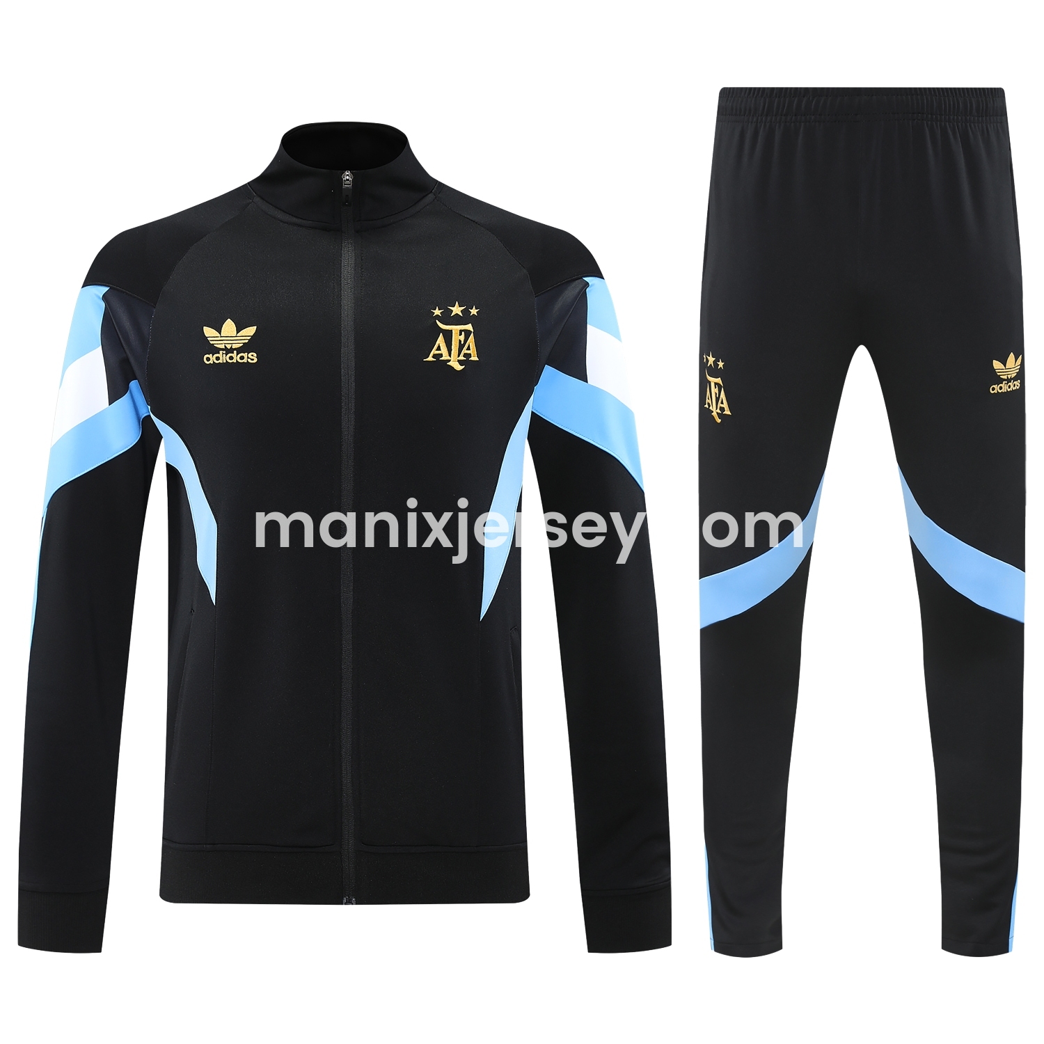 ManixJersey.com | Argentina 24-25 Throwback Jacket Training Tracksuit - Black Jackets & Pants with Blue and White Stripes -Customize Name, Number and Patch | Worldwide Shipping